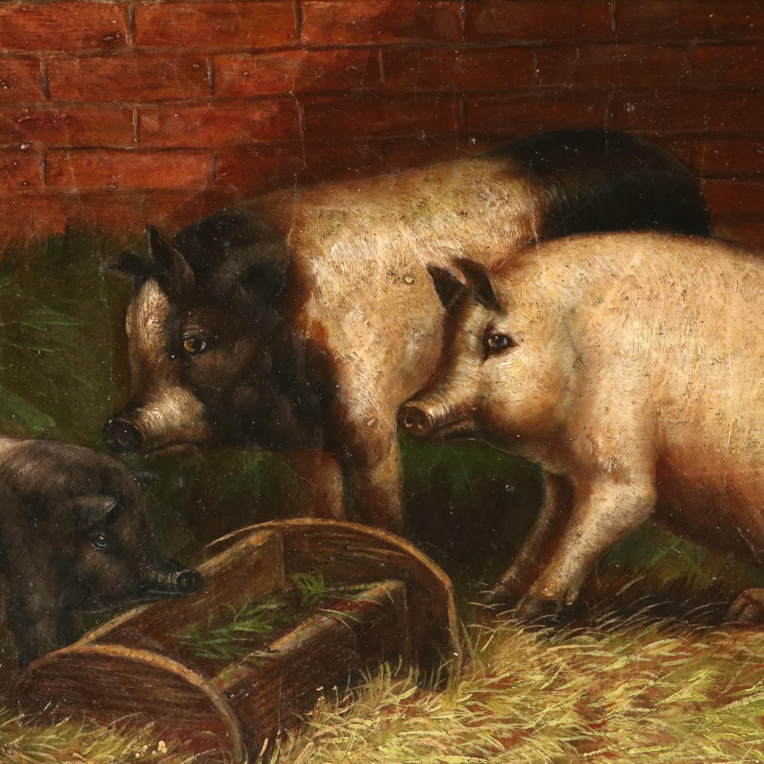 Trevor James Oil Painting of Barnyard Scene With Pigs, 20th Century