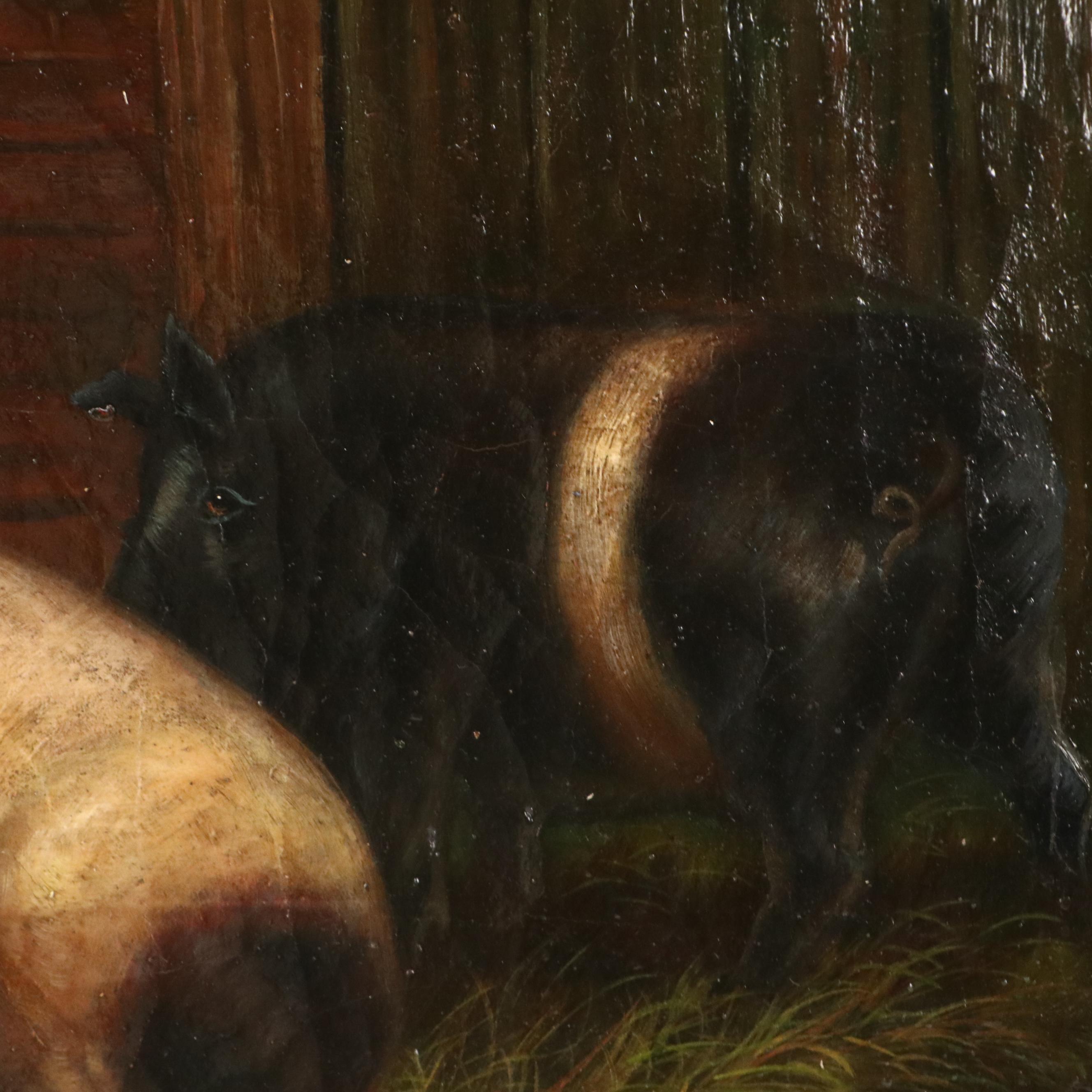 Trevor James Oil Painting of Barnyard Scene With Pigs, 20th Century