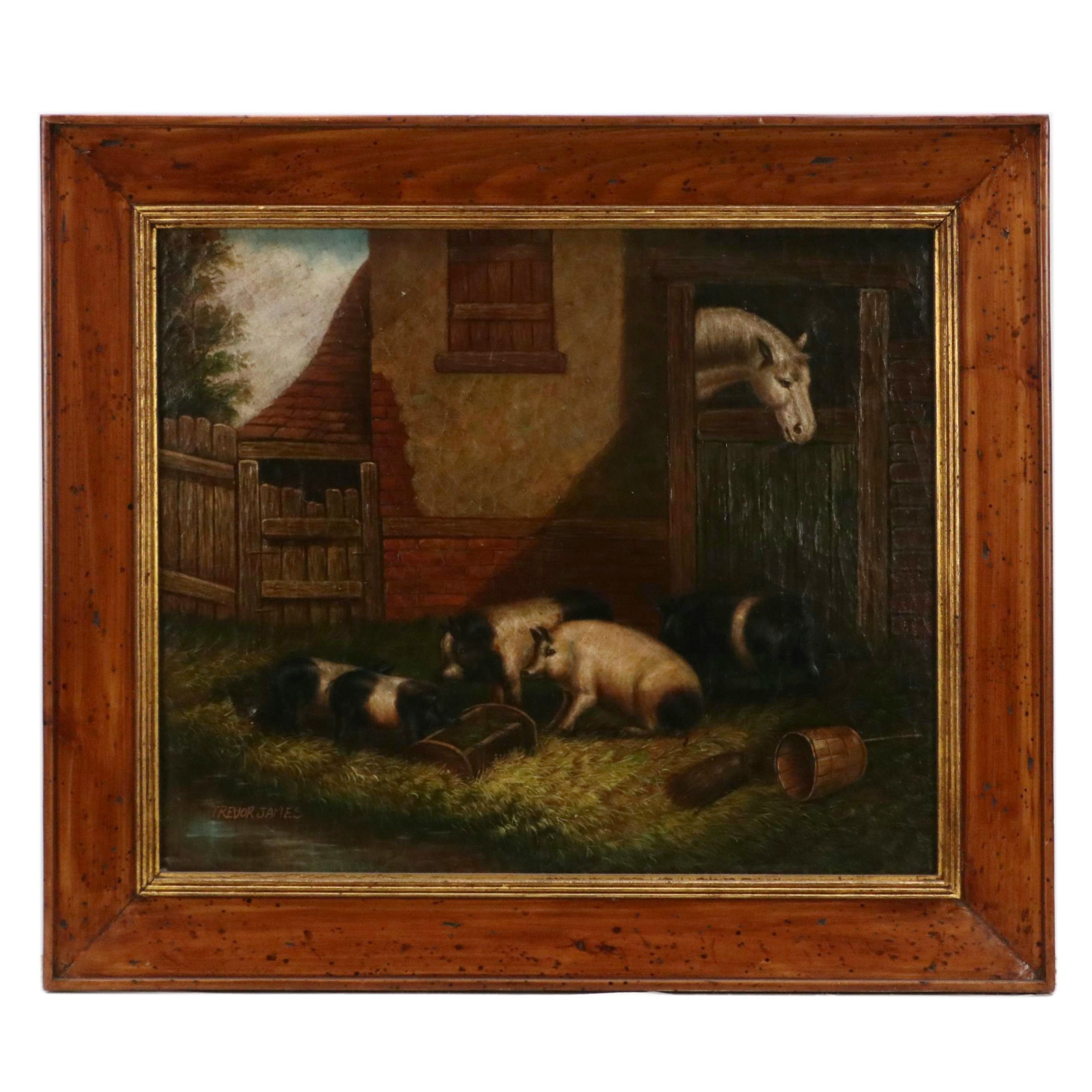 Trevor James Oil Painting of Barnyard Scene With Pigs, 20th Century