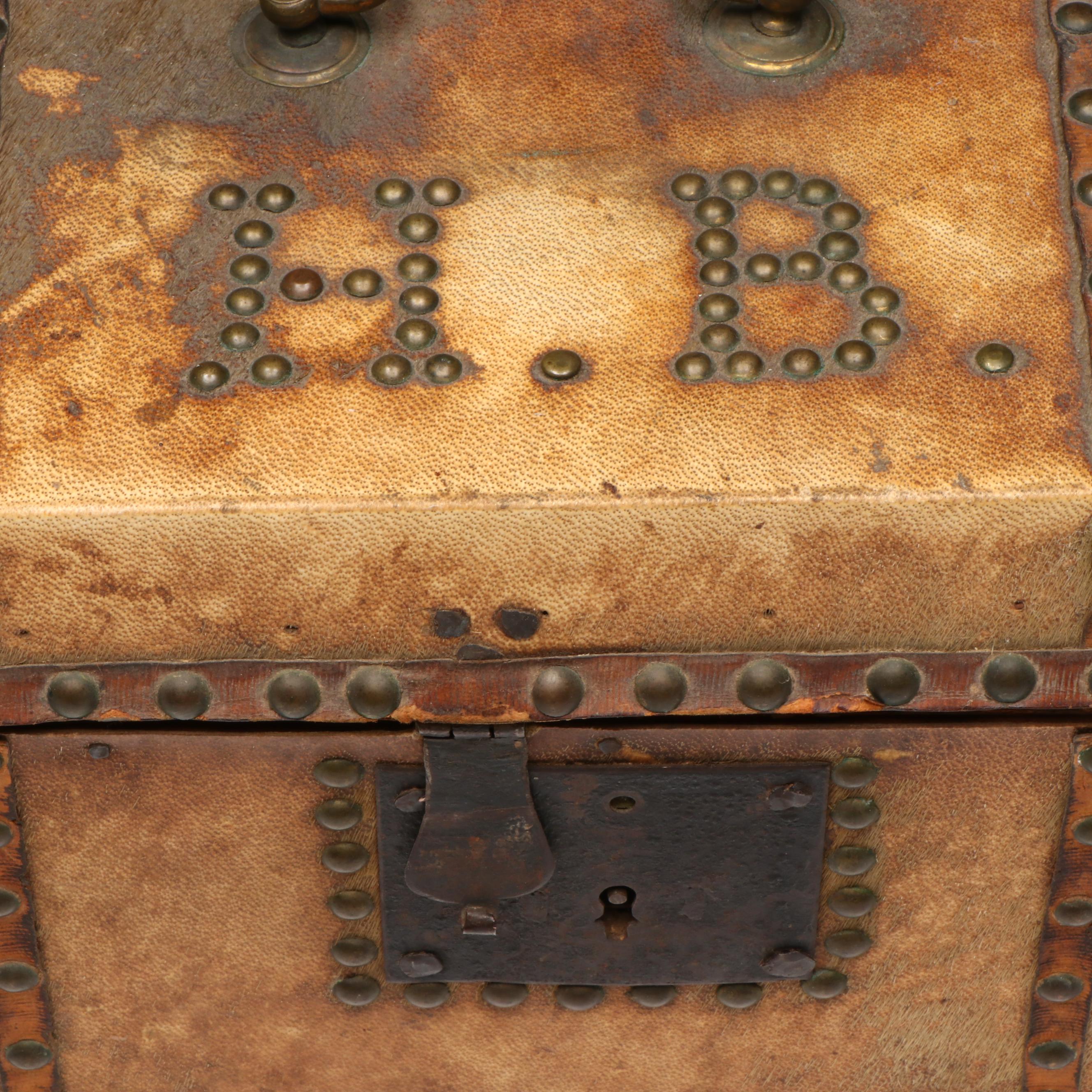 Cowhide and Brass Stud Stagecoach Box with Key, 19th Century