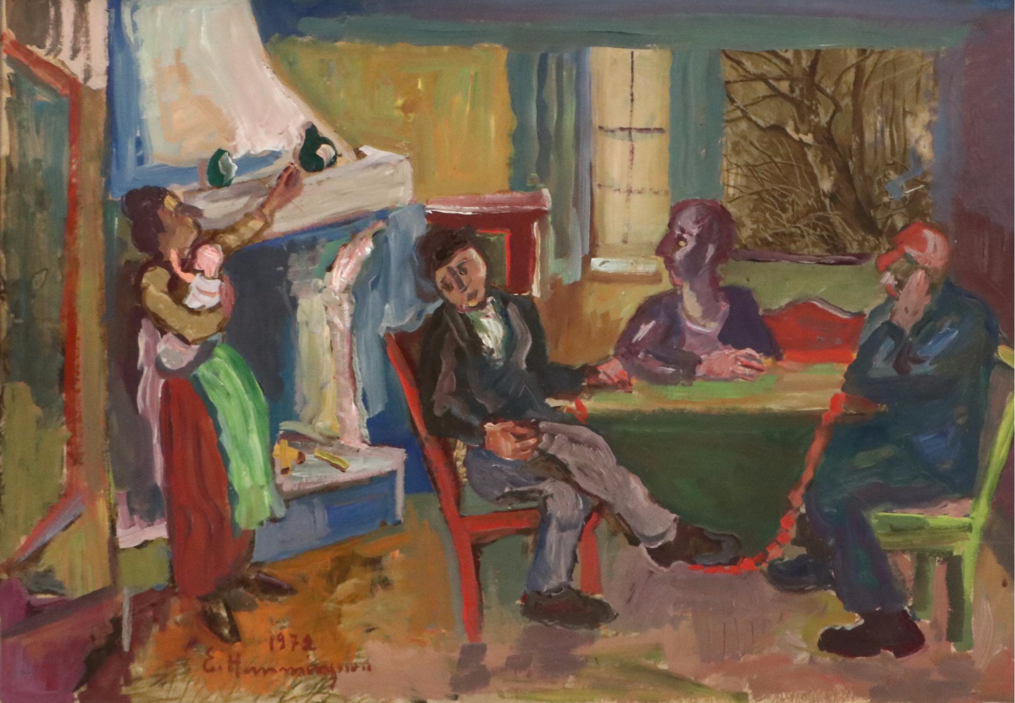 Interior Scene With Figures Oil Painting, 1972