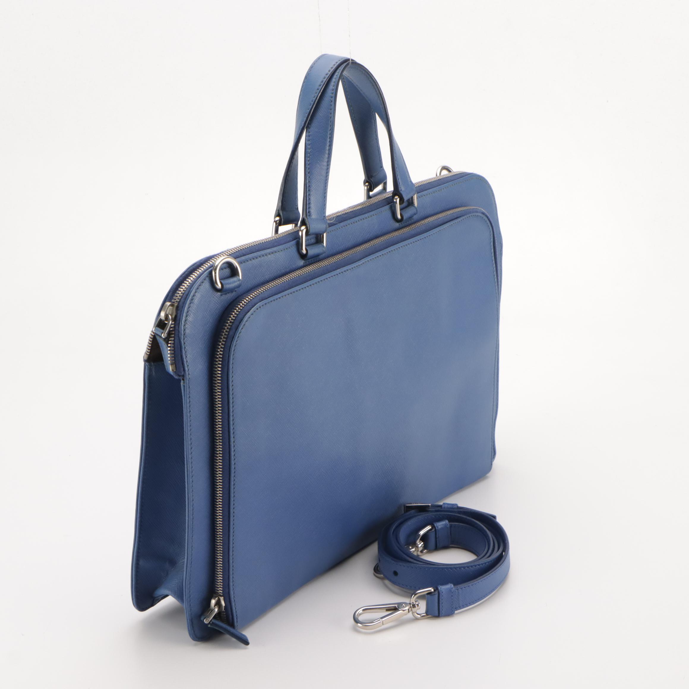 Prada Two-Way Briefcase Bag in Blue Saffiano Leather