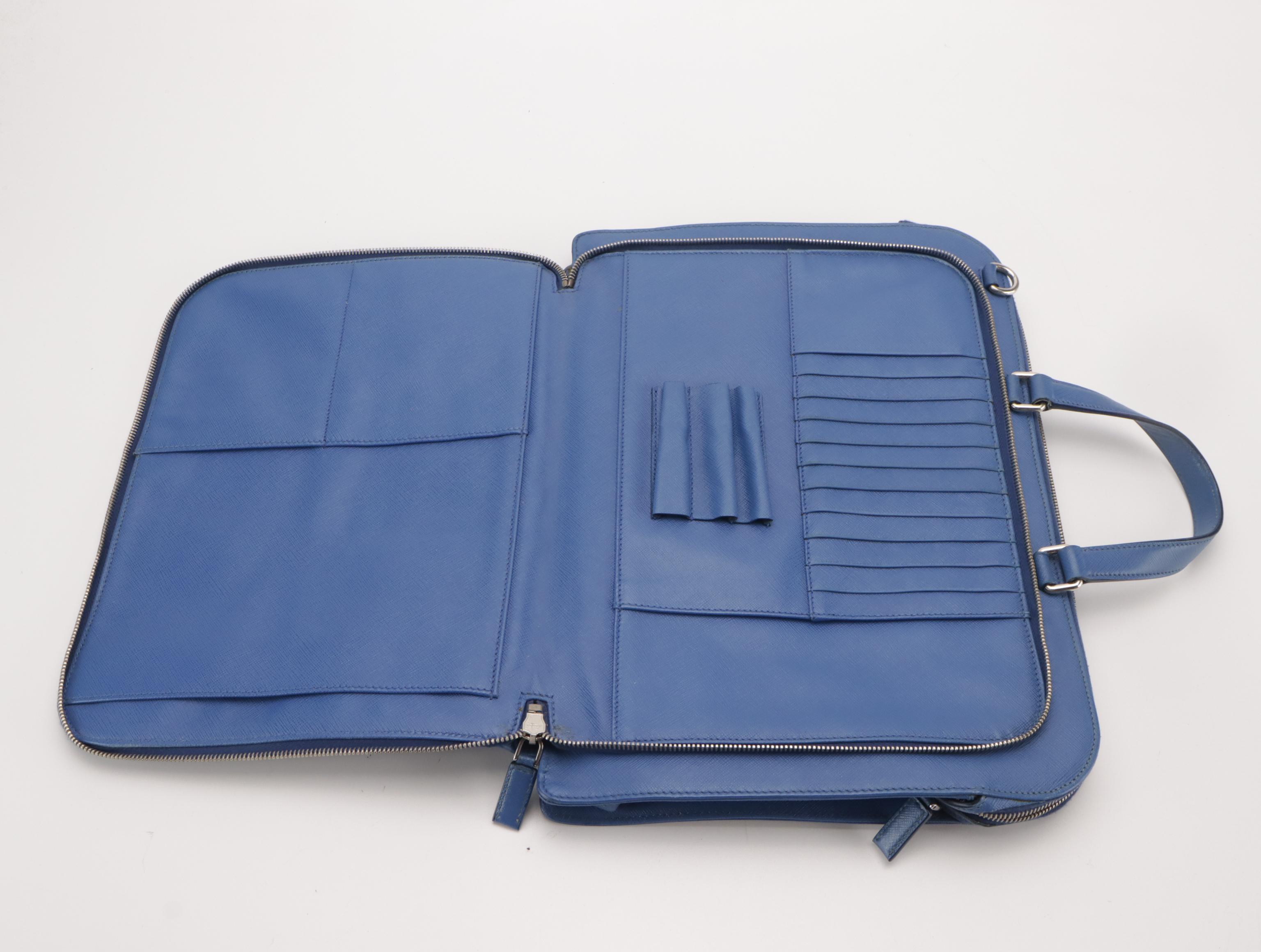 Prada Two-Way Briefcase Bag in Blue Saffiano Leather