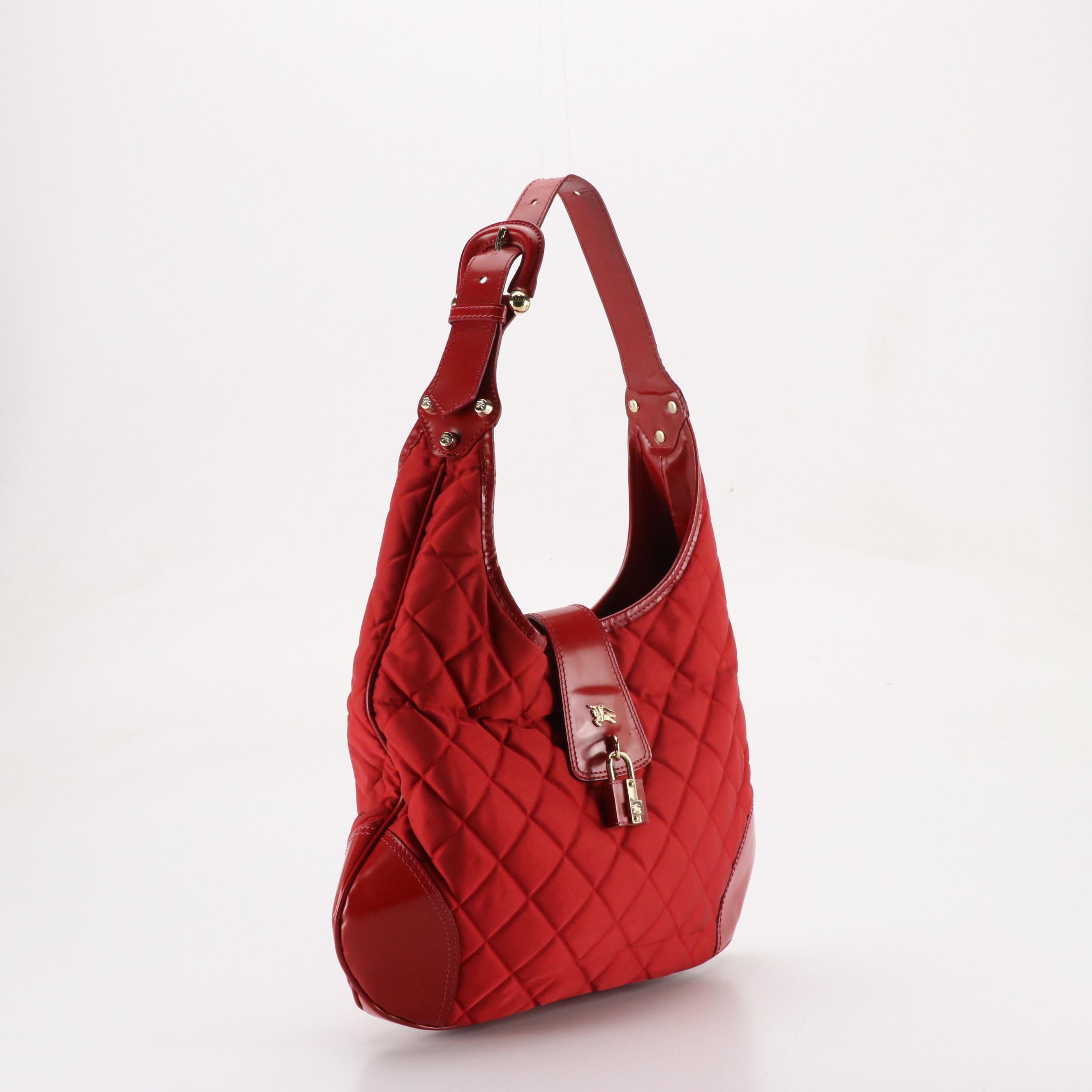 Burberry Red Quilted Nylon Hobo Shoulder Bag with Shiny Leather Trim