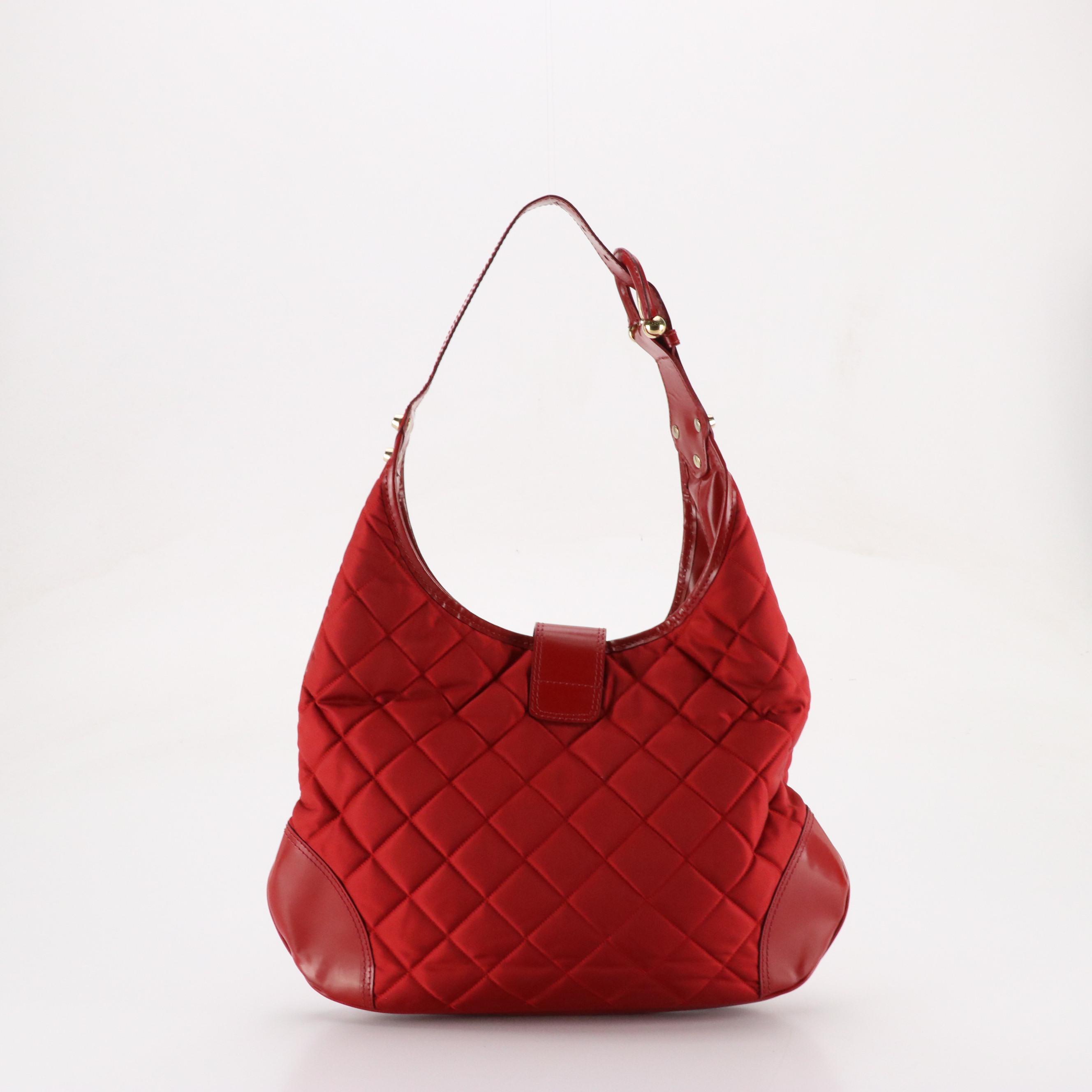 Burberry Red Quilted Nylon Hobo Shoulder Bag with Shiny Leather Trim