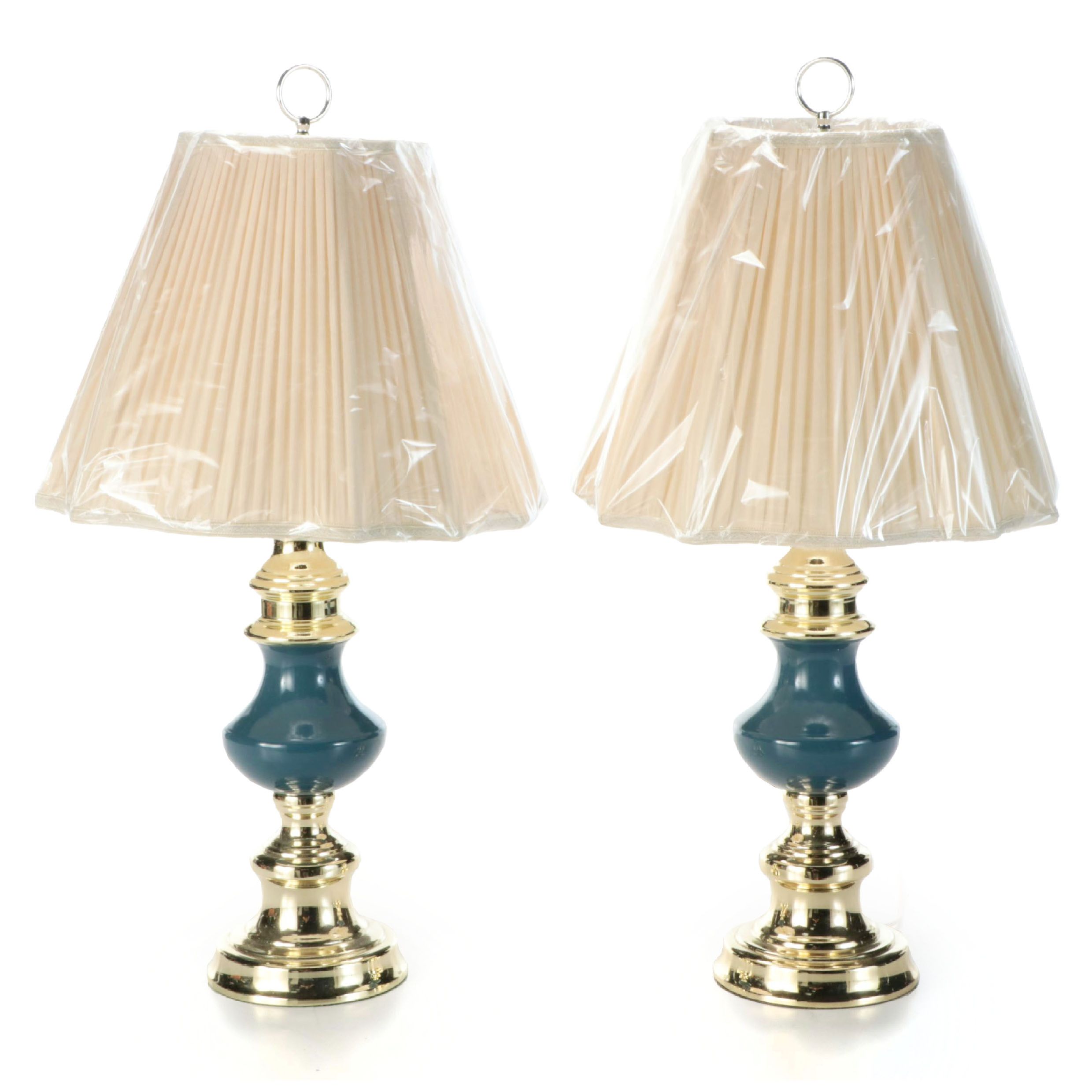 Brass Finish with Teal Acrylic Table Lamps, Pleated Bell Shades