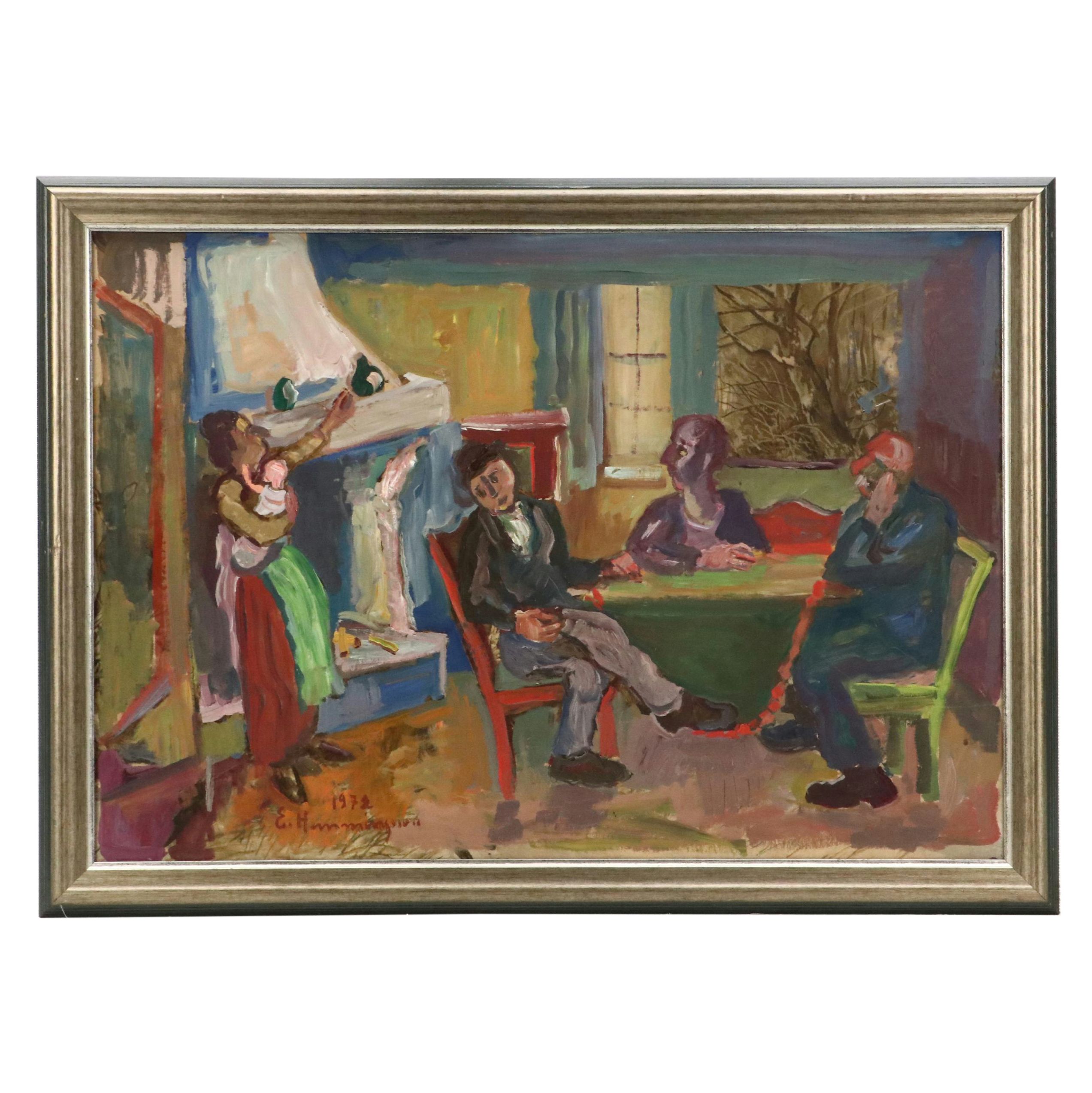 Interior Scene With Figures Oil Painting, 1972