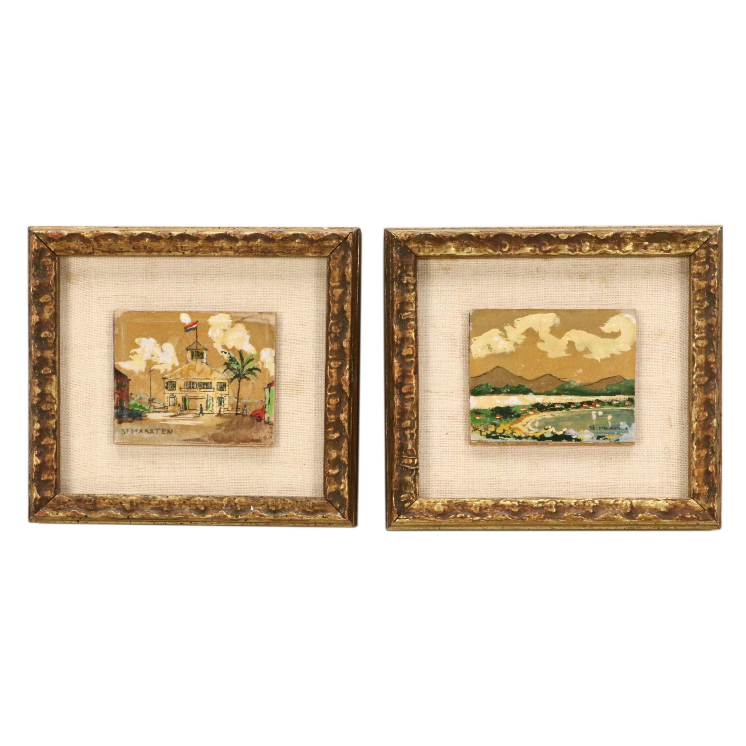 Pair of Miniature Oil Paintings of St. Maarten Landscapes, Mid-20th Century