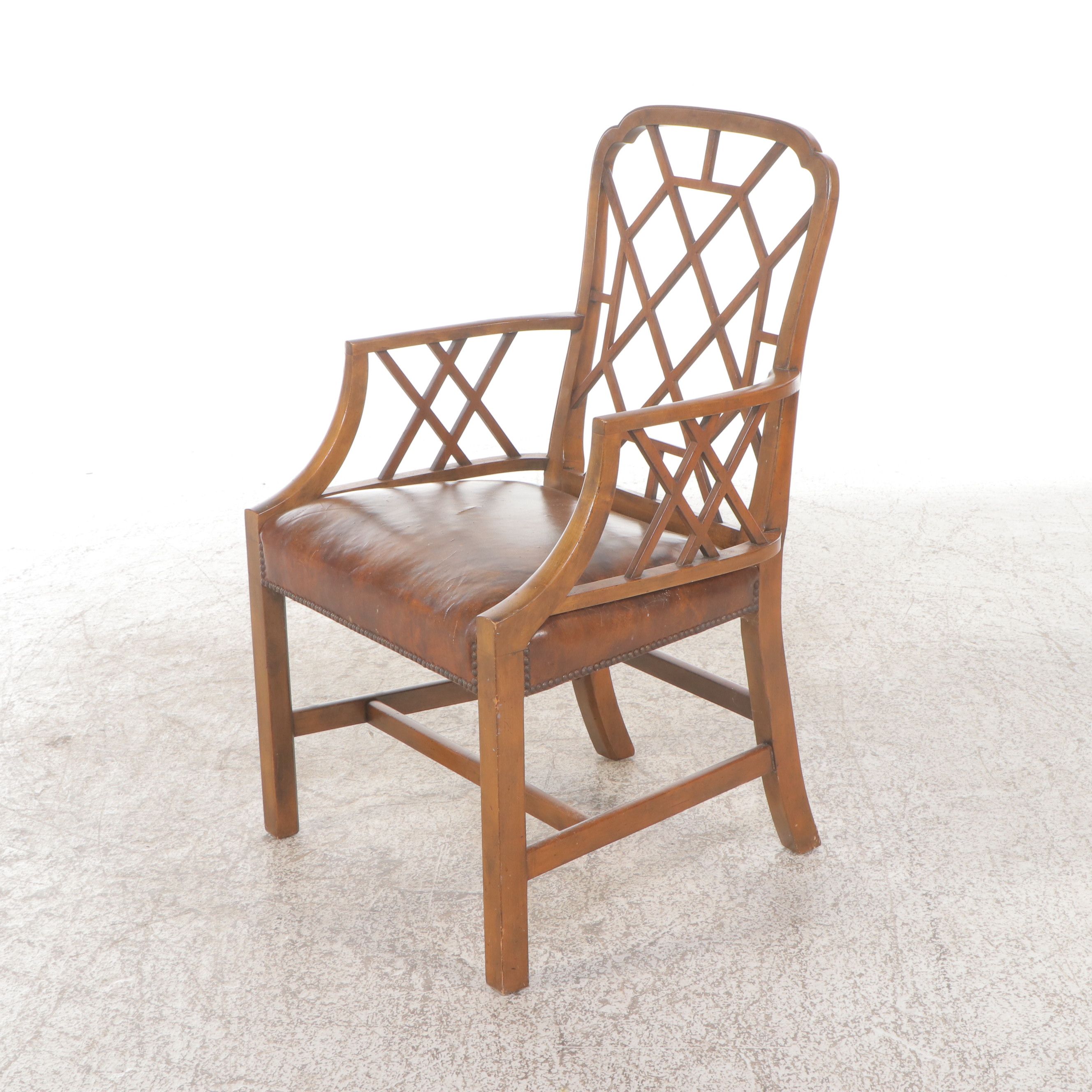 Set of Seven Chippendale Style Leather Upholstered Dining Chairs