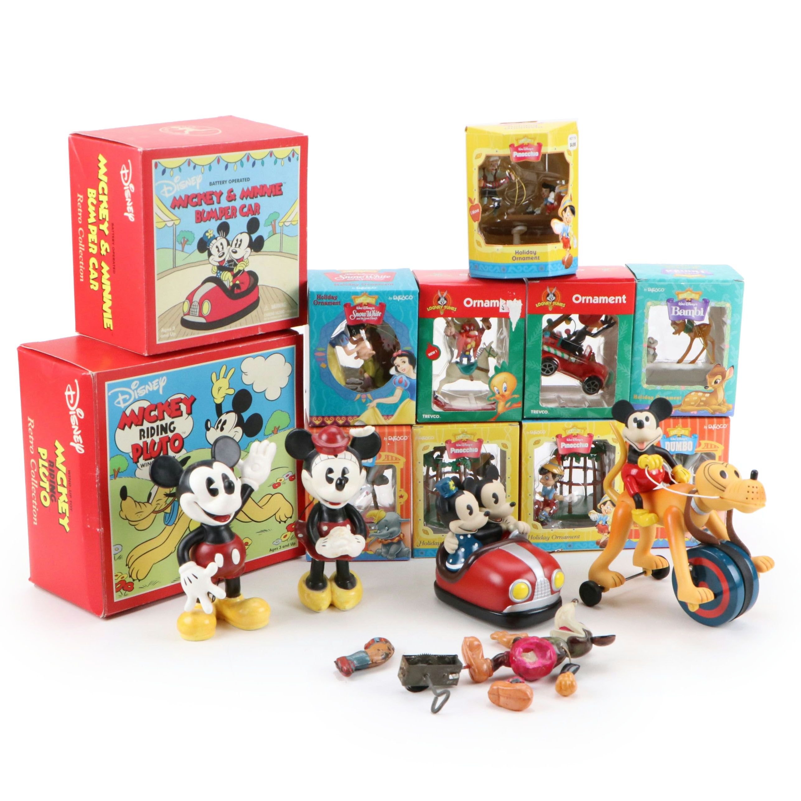 Vintage Mickey Mouse Wind-Up Toy with More Toys and Disney Ornaments