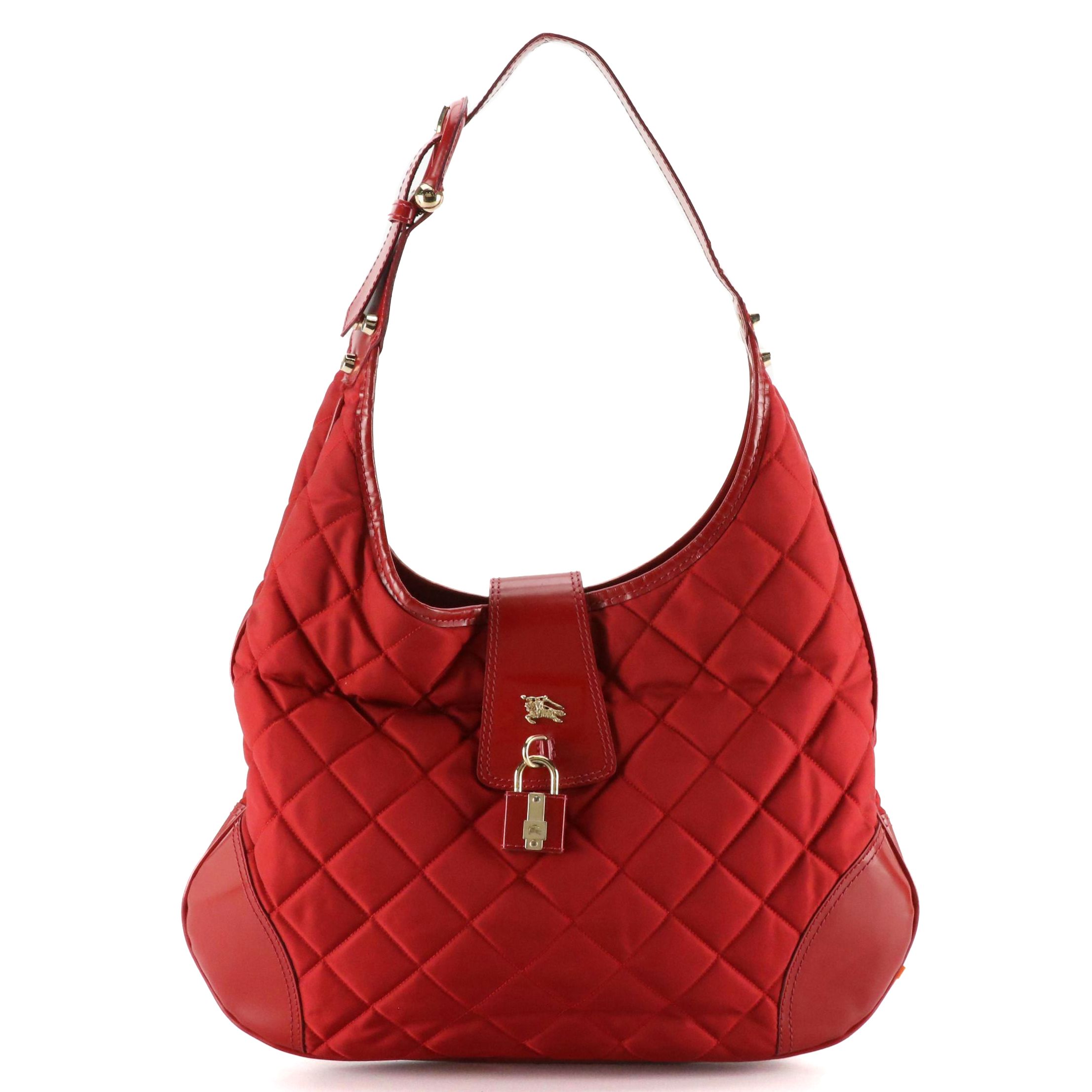 Burberry Red Quilted Nylon Hobo Shoulder Bag with Shiny Leather Trim