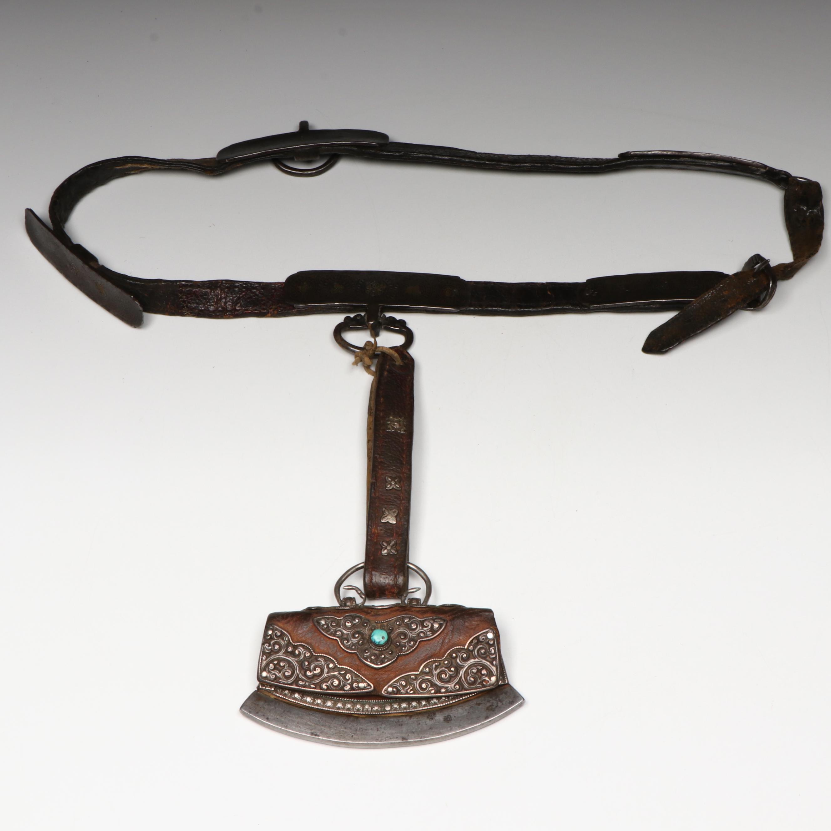 Tibetan Metal and Turquoise Leather Belt with Pouch, 19th Century