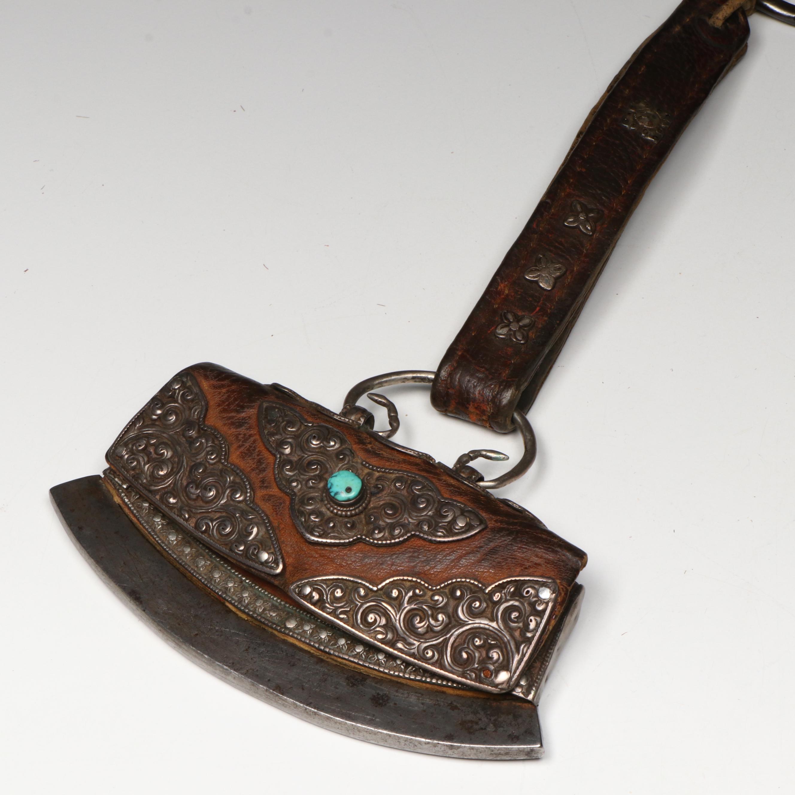 Tibetan Metal and Turquoise Leather Belt with Pouch, 19th Century