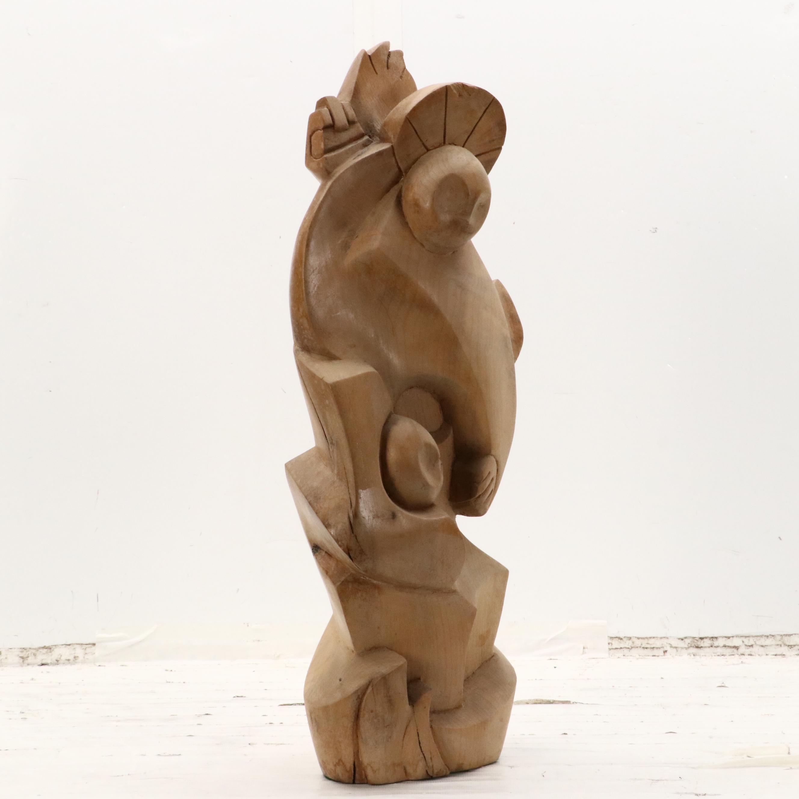 Mid Century Modern Wood Carving of Madonna and Child