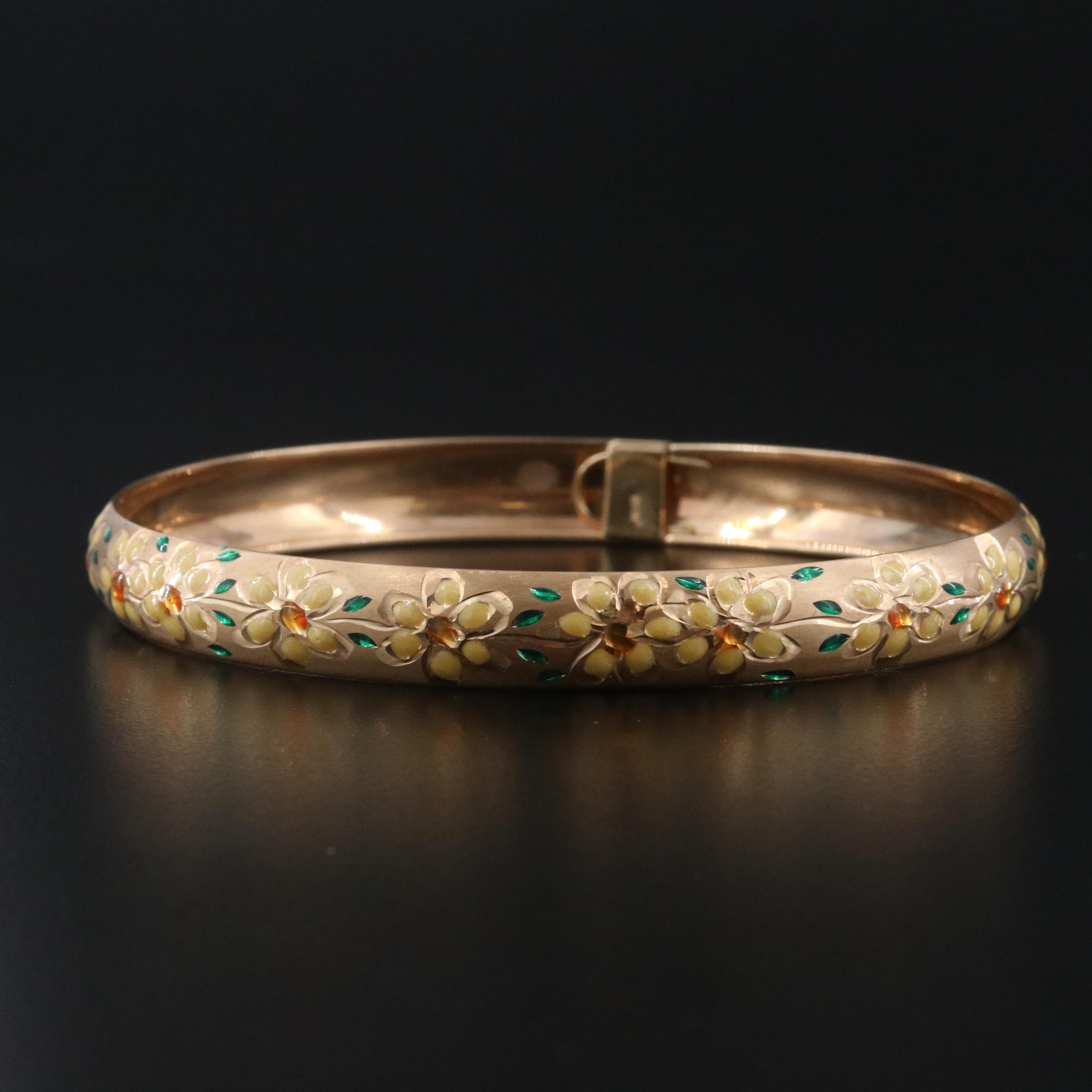 10K Floral Bangle with Enamel Accents