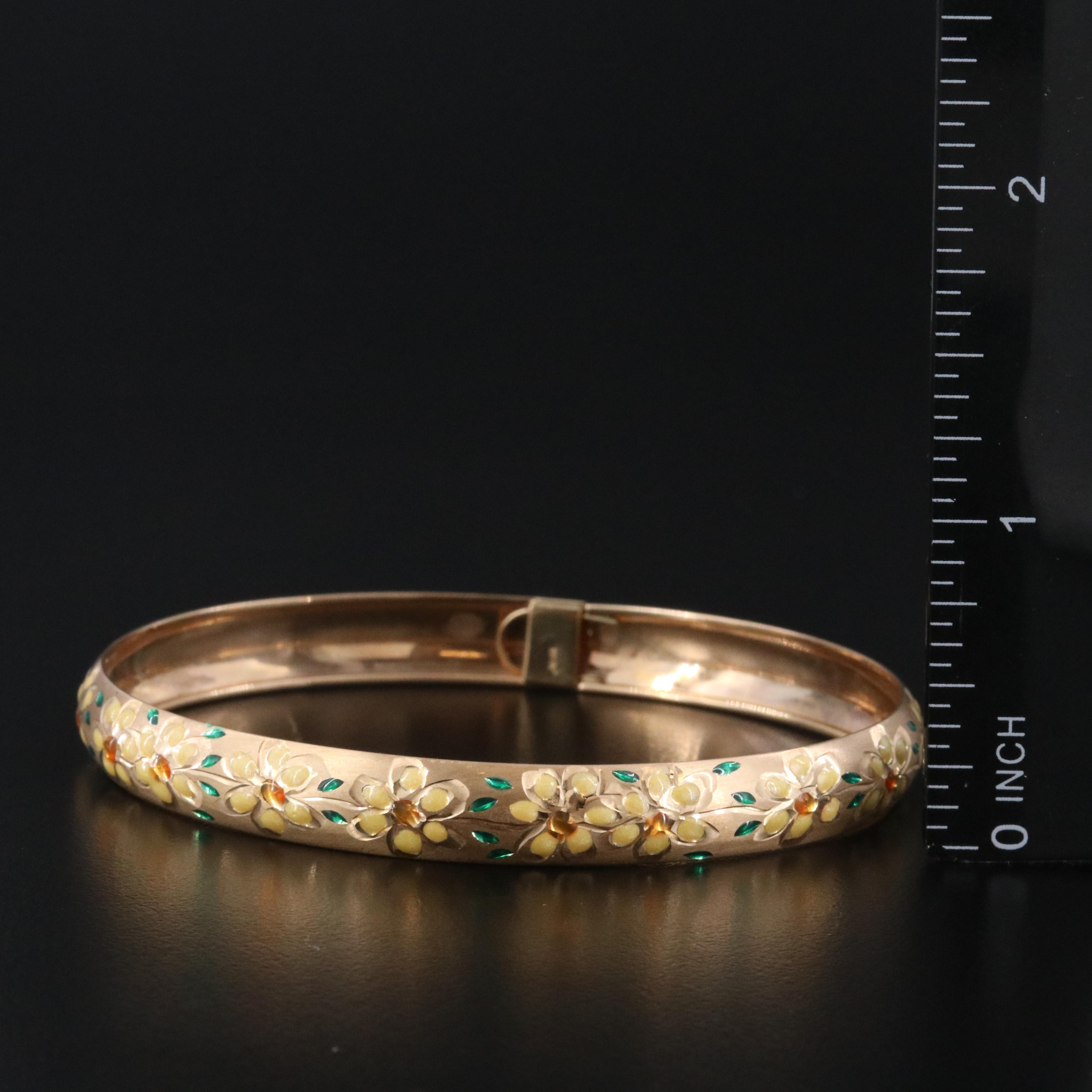 10K Floral Bangle with Enamel Accents