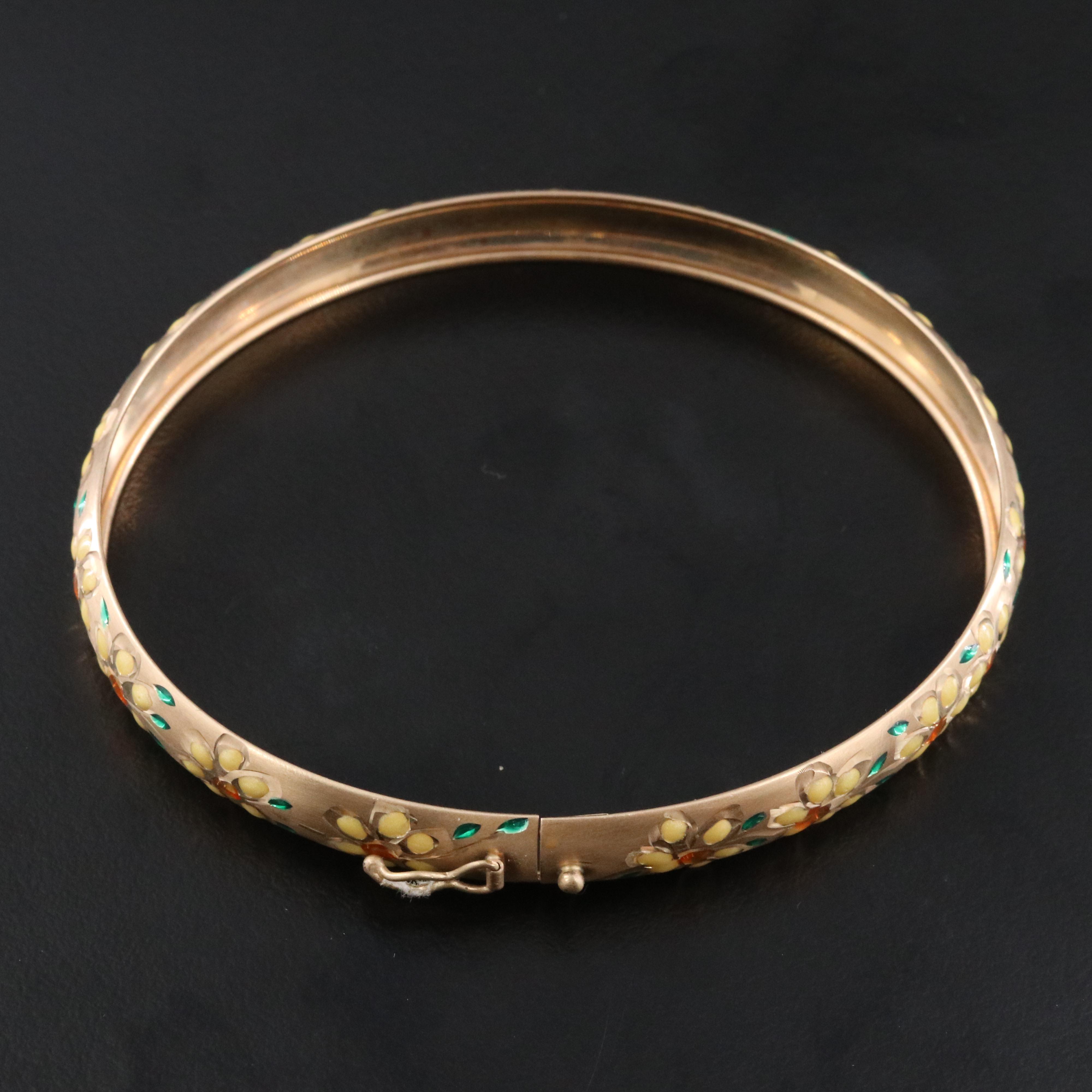 10K Floral Bangle with Enamel Accents