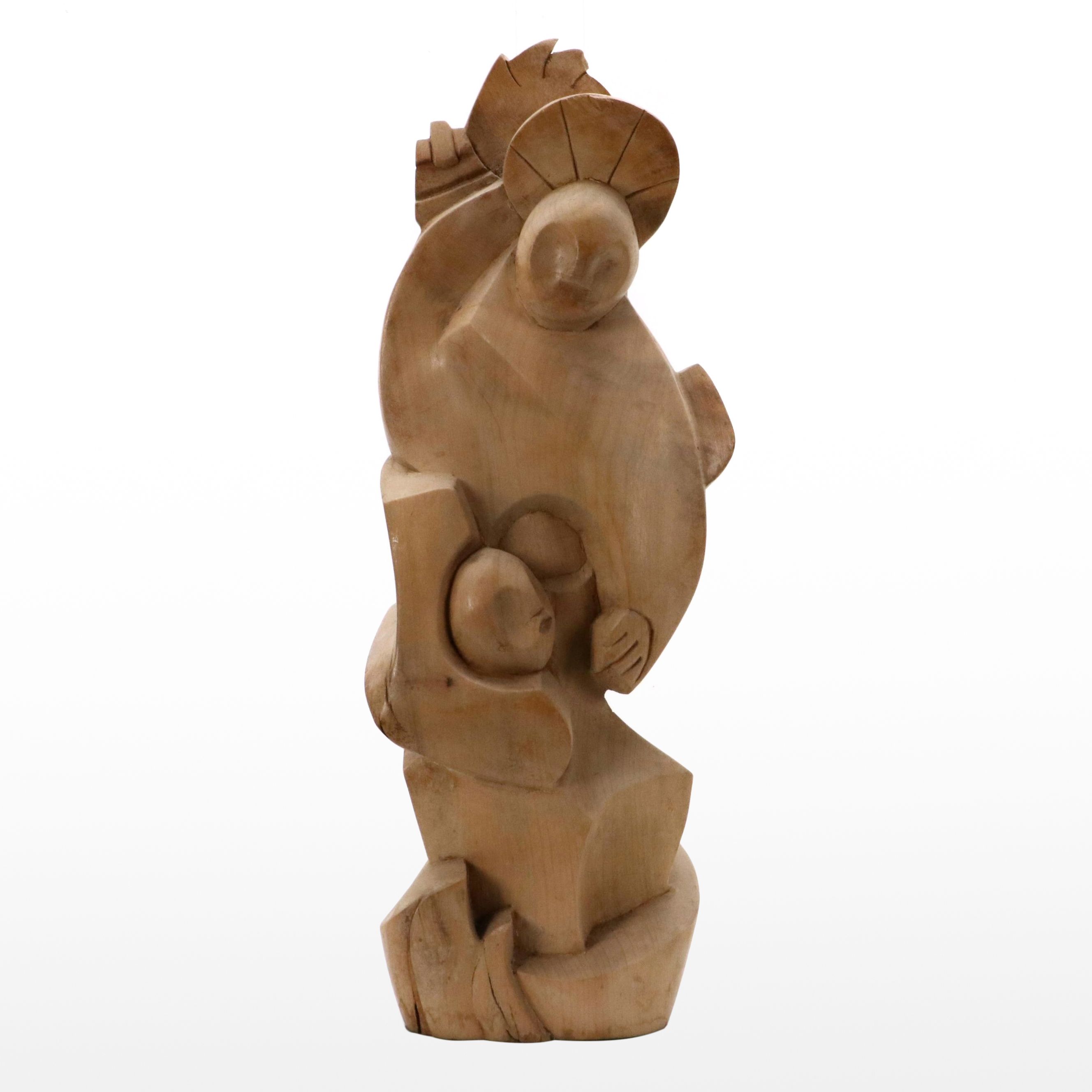 Mid Century Modern Wood Carving of Madonna and Child