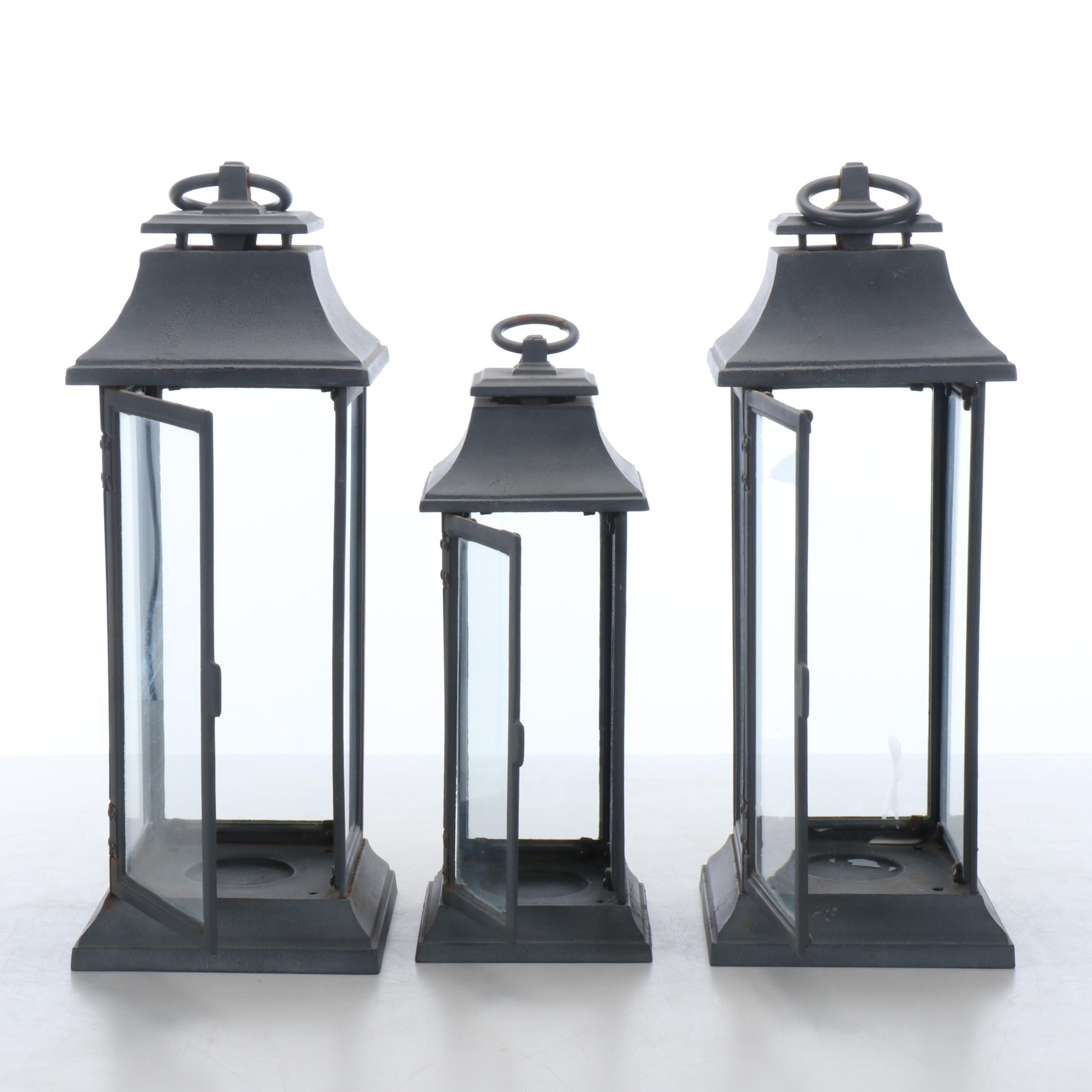 Gray Finish Metal Lanterns with Glass Panels