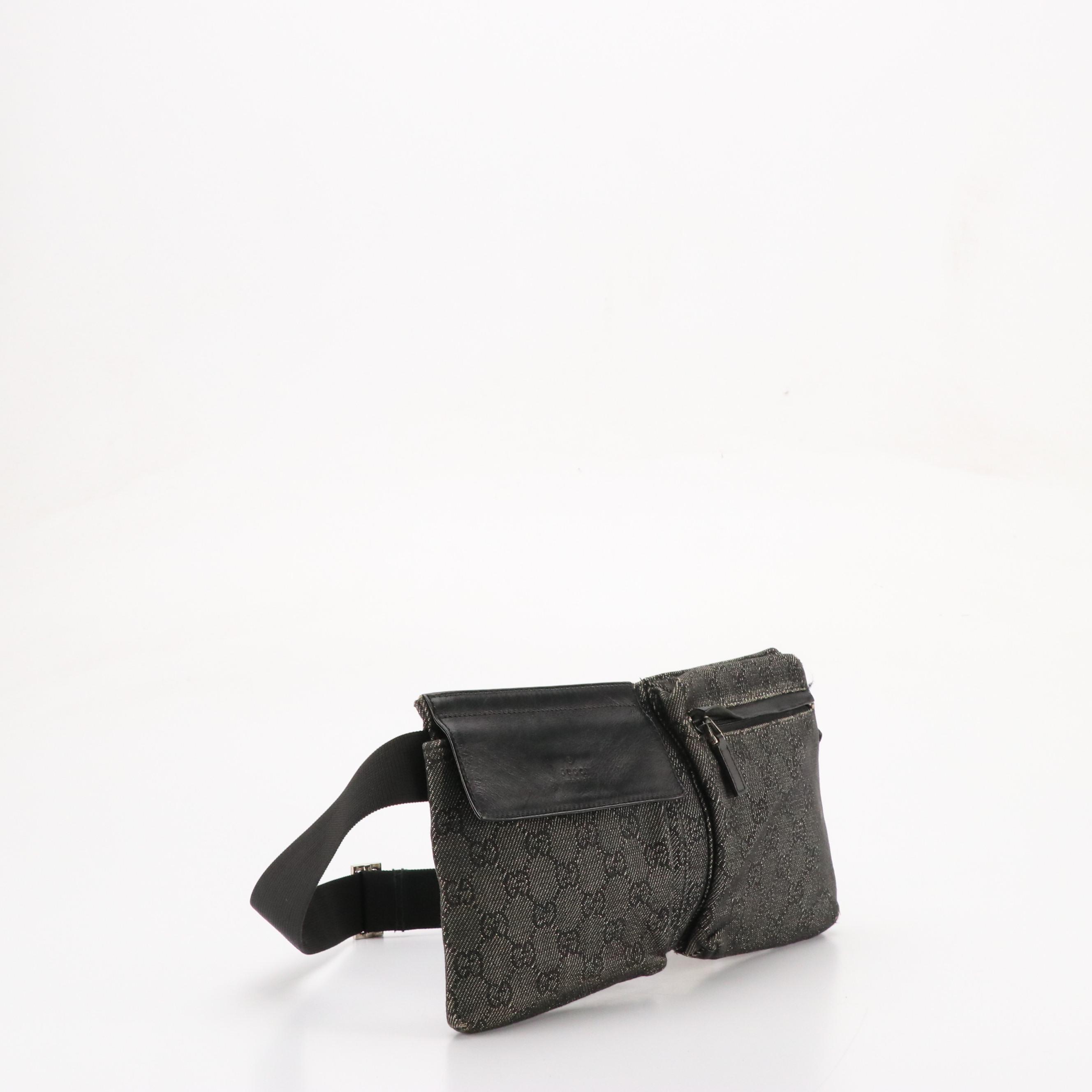 Gucci Double Pocket Belt Bag in Grey GG Canvas and Black Leather