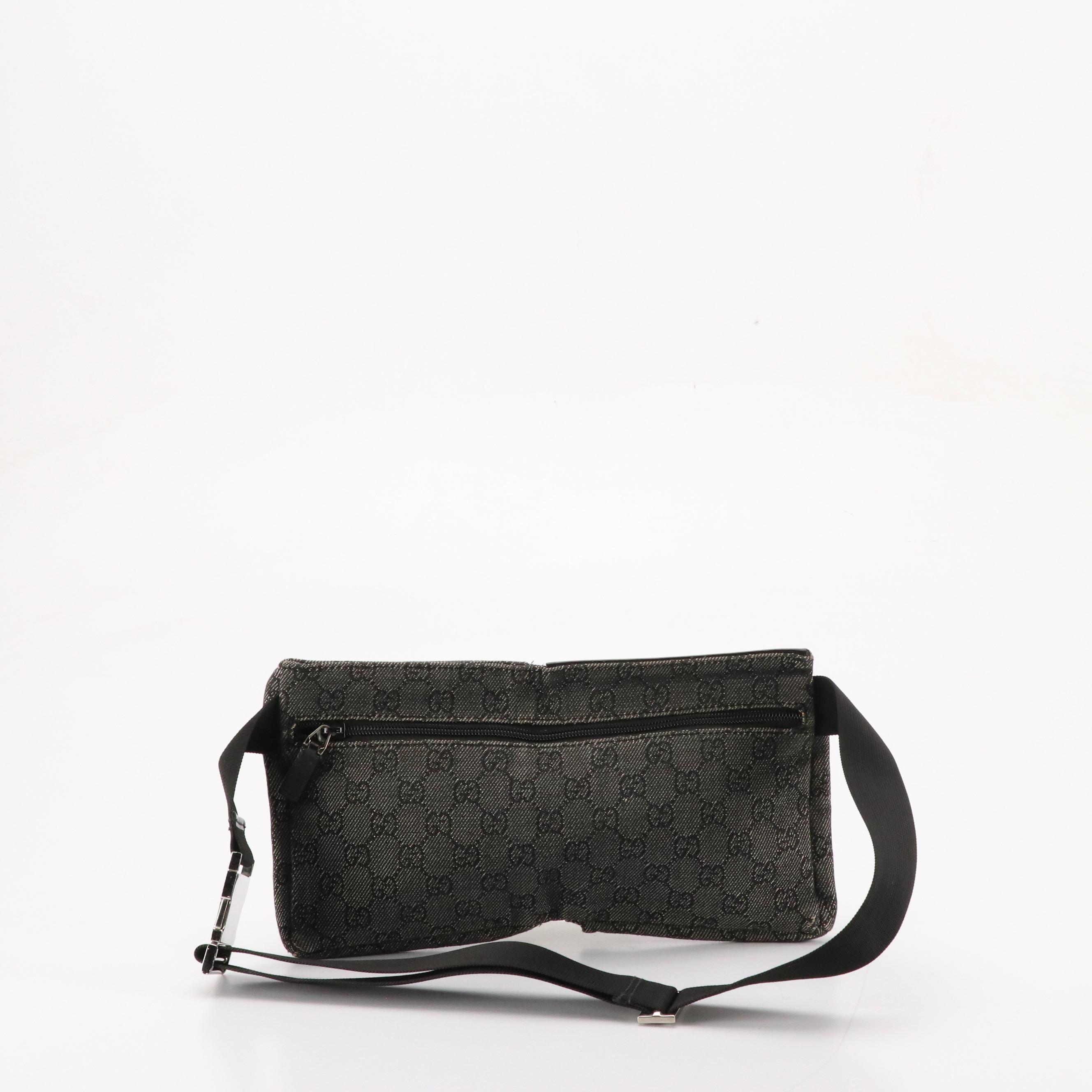 Gucci Double Pocket Belt Bag in Grey GG Canvas and Black Leather