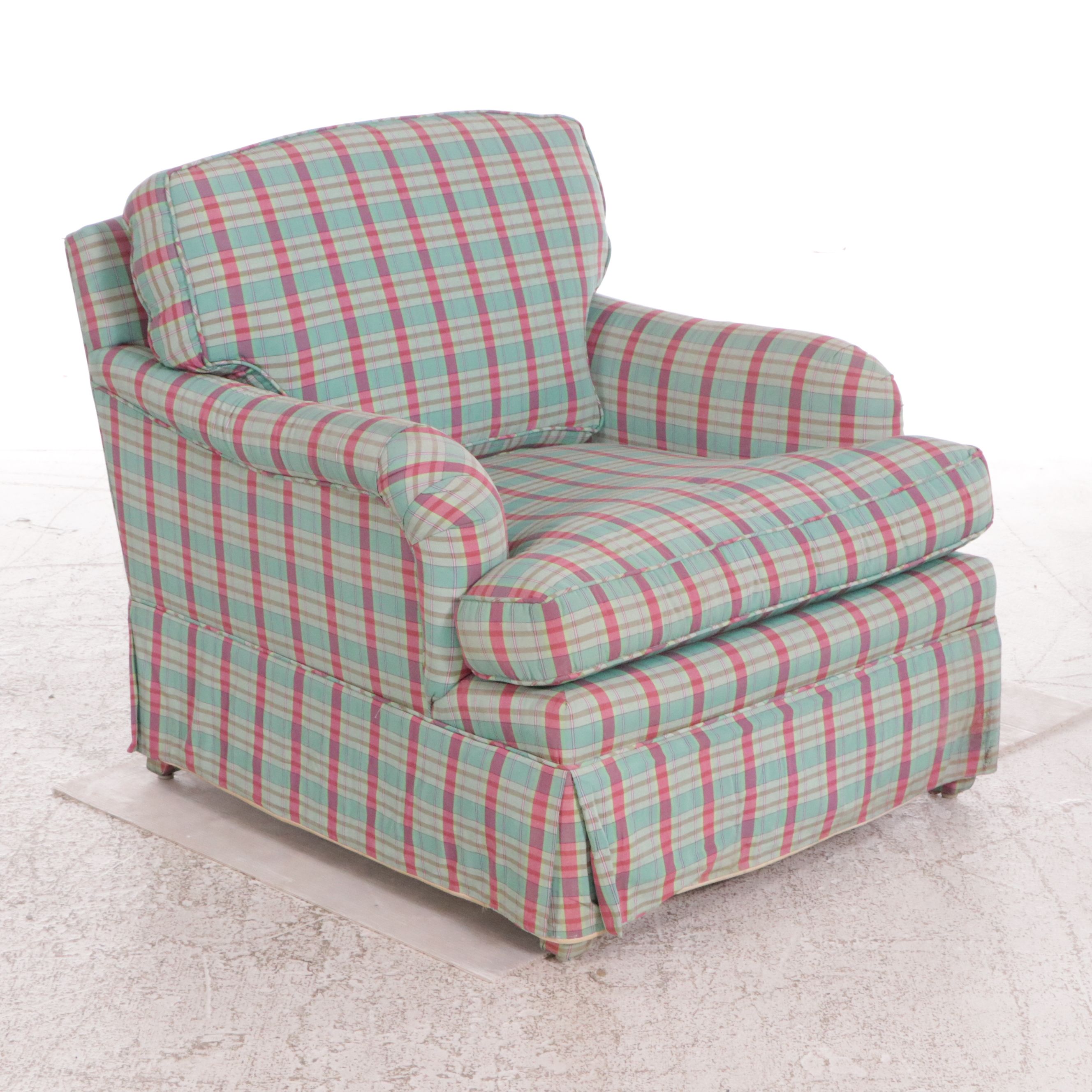 Plaid Fabric Upholstered Armchair with Ottoman