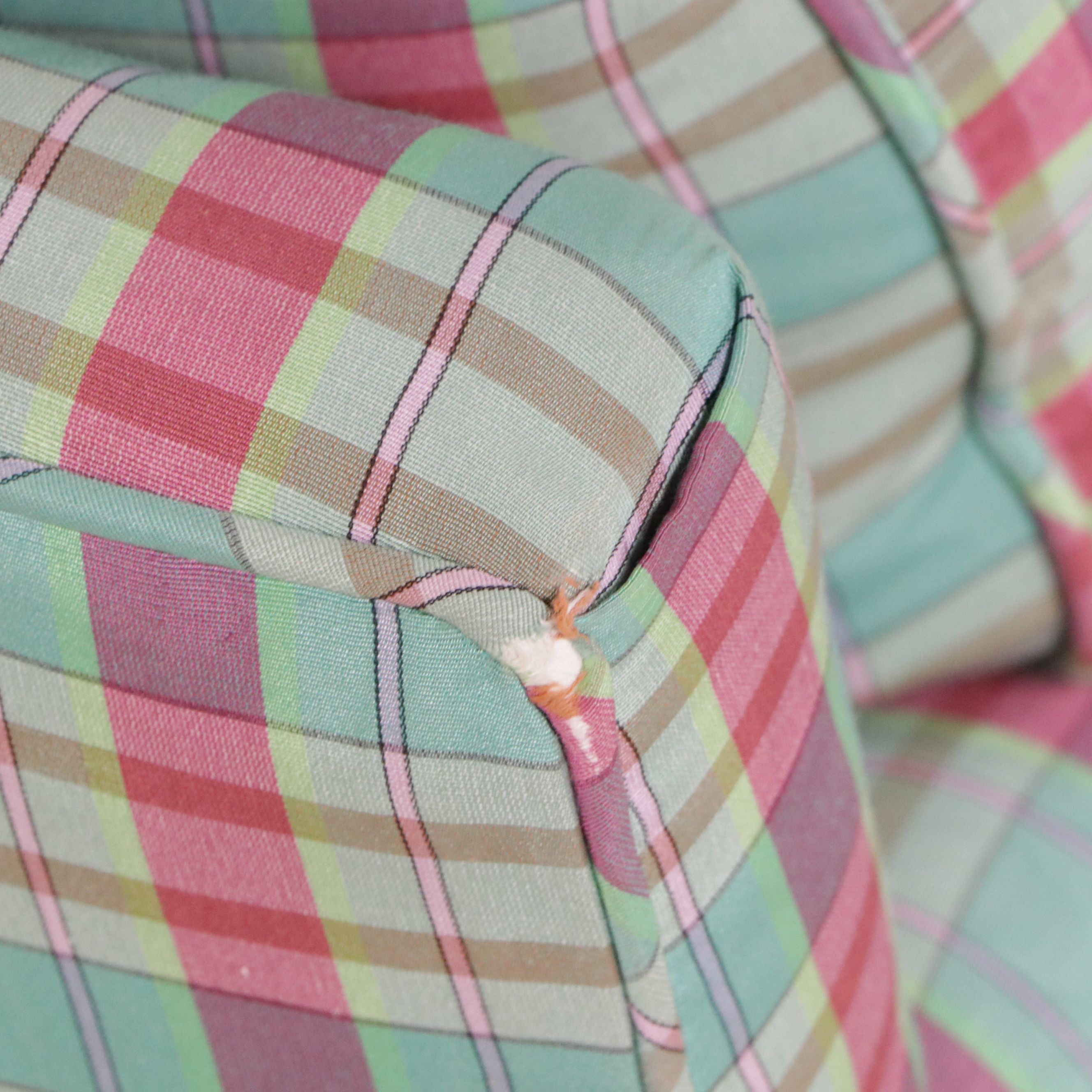 Plaid Fabric Upholstered Armchair with Ottoman