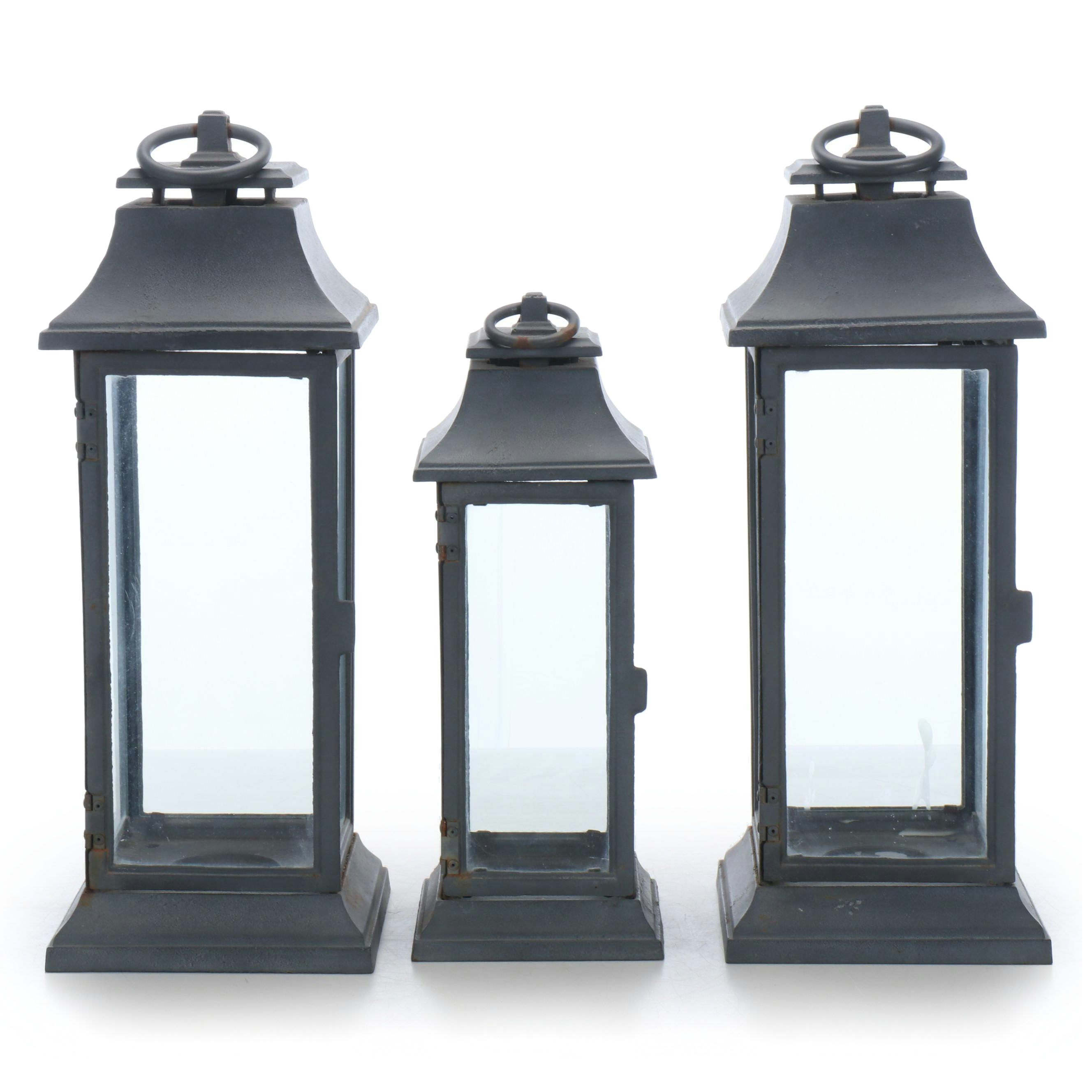 Gray Finish Metal Lanterns with Glass Panels