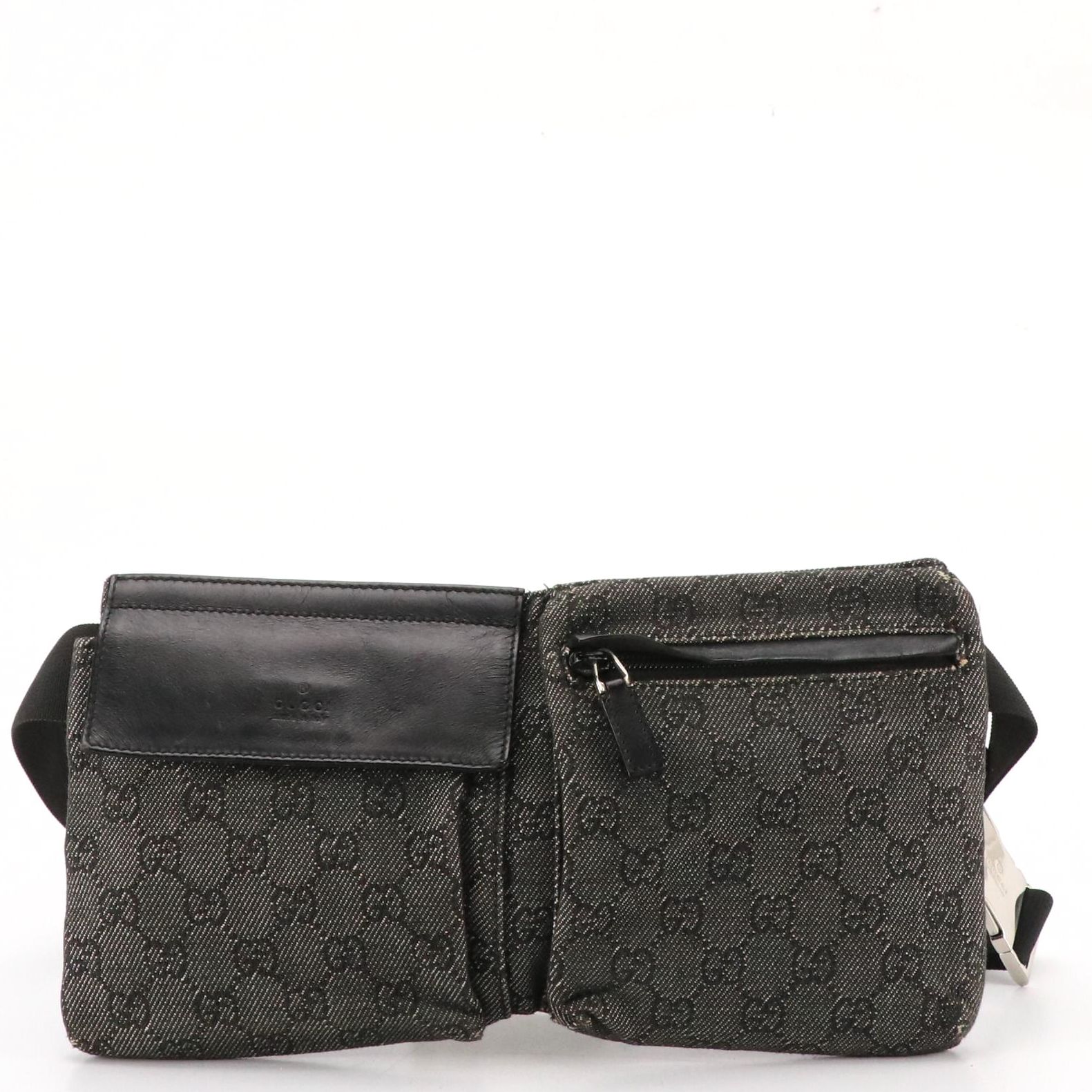 Gucci Double Pocket Belt Bag in Grey GG Canvas and Black Leather