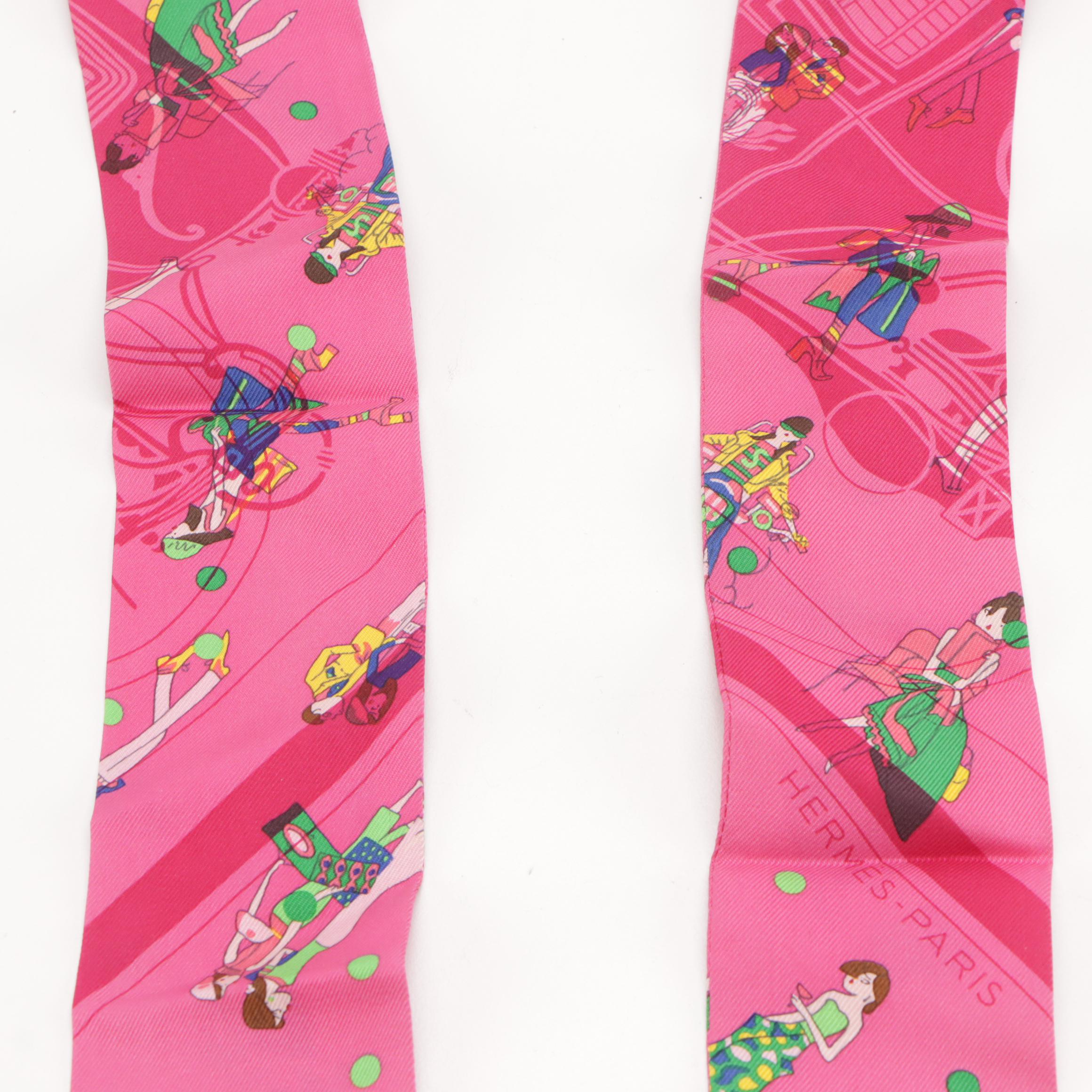 Hermès "Ex-Libris/Les Parisiennes" Hot Pink Silk Twilly Scarf