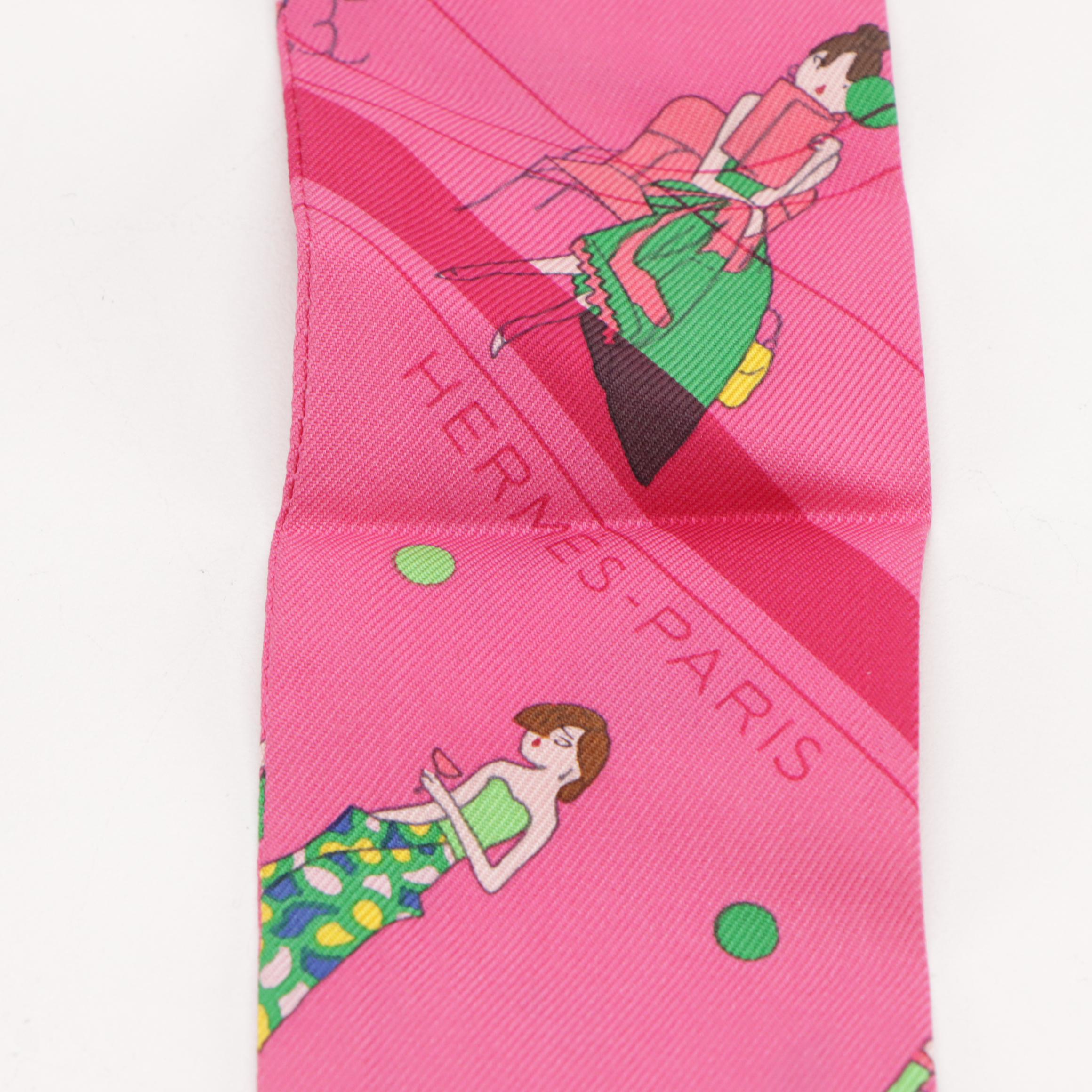 Hermès "Ex-Libris/Les Parisiennes" Hot Pink Silk Twilly Scarf