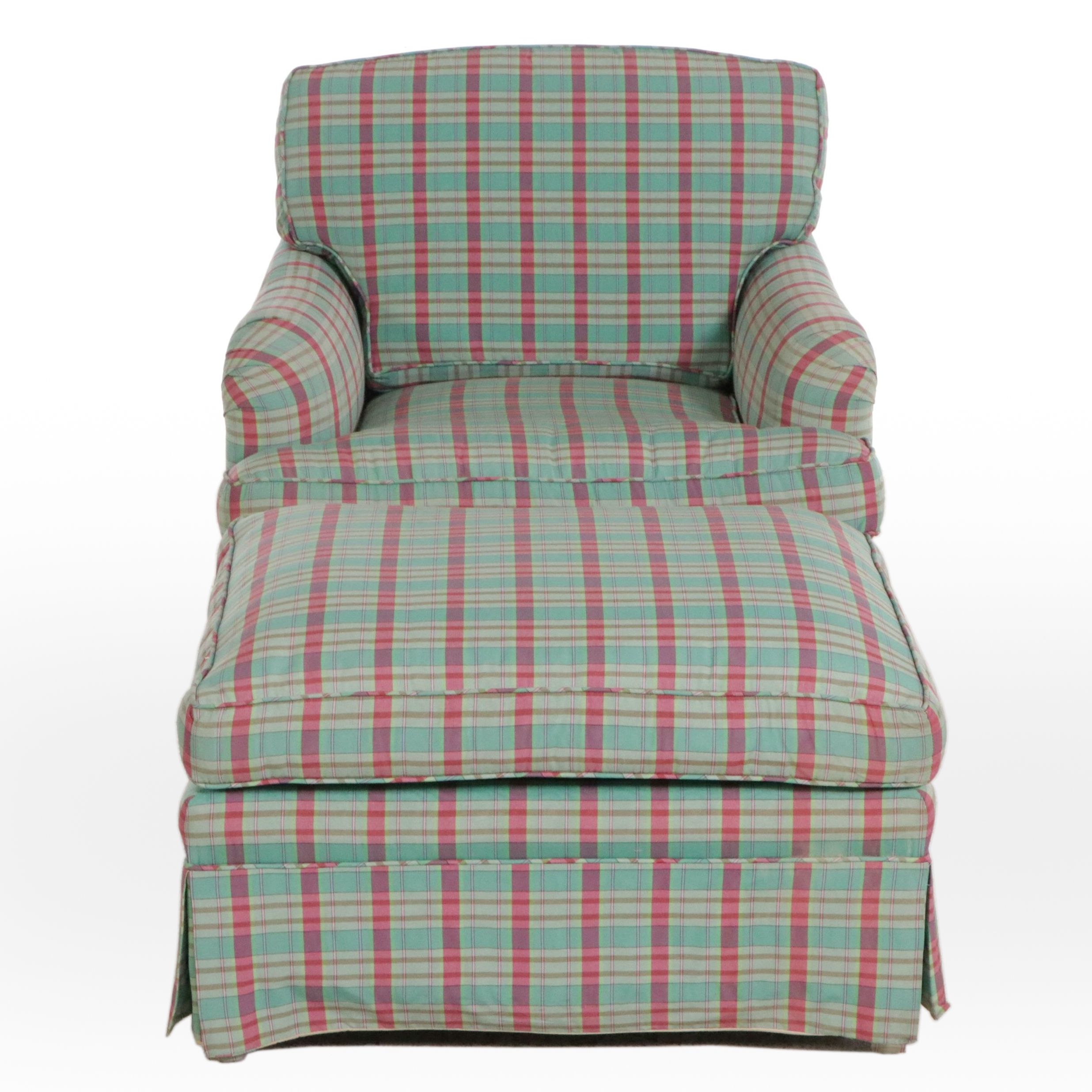 Plaid Fabric Upholstered Armchair with Ottoman