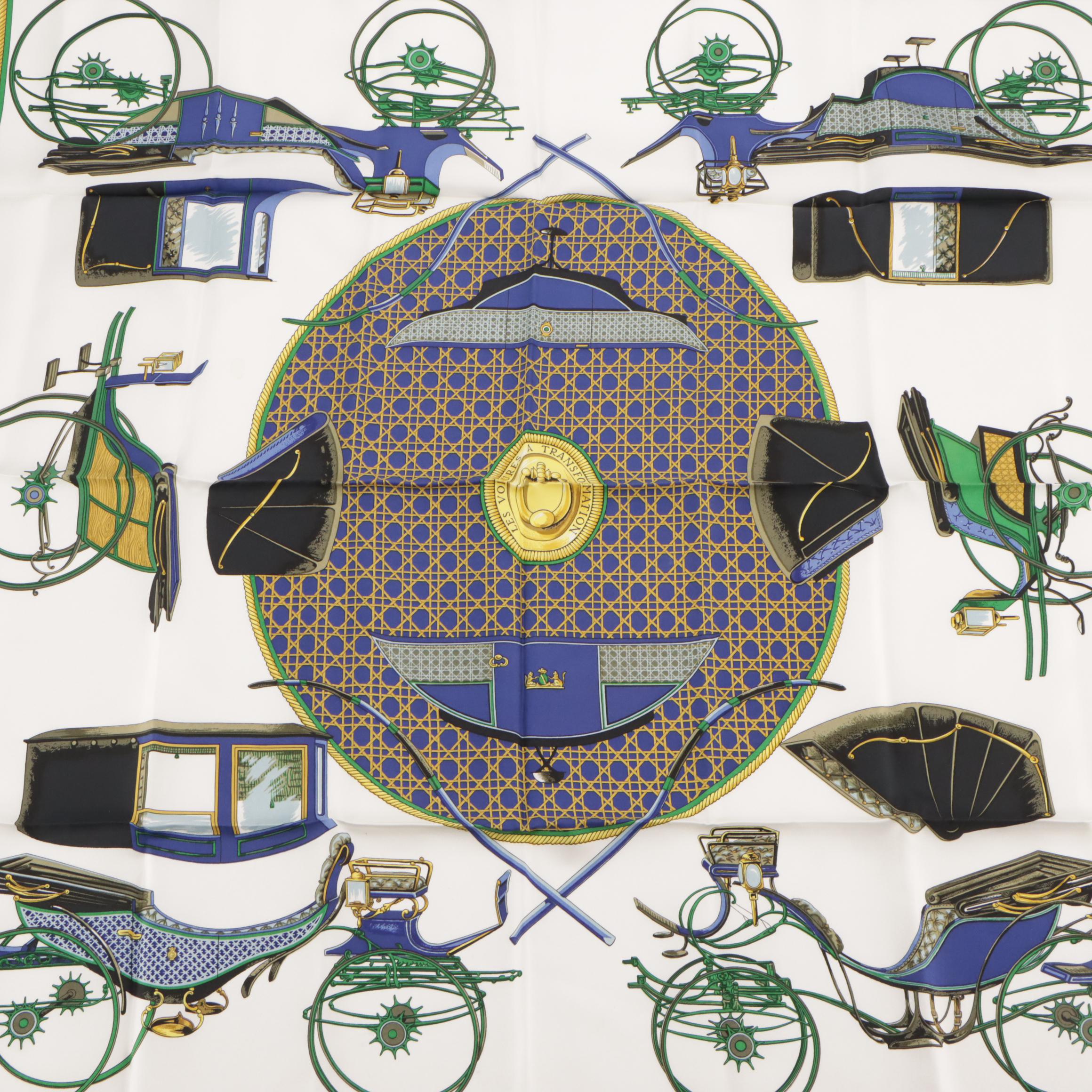 Hermès "Les Voitures a Transformation" Scarf 90 in Silk Twill