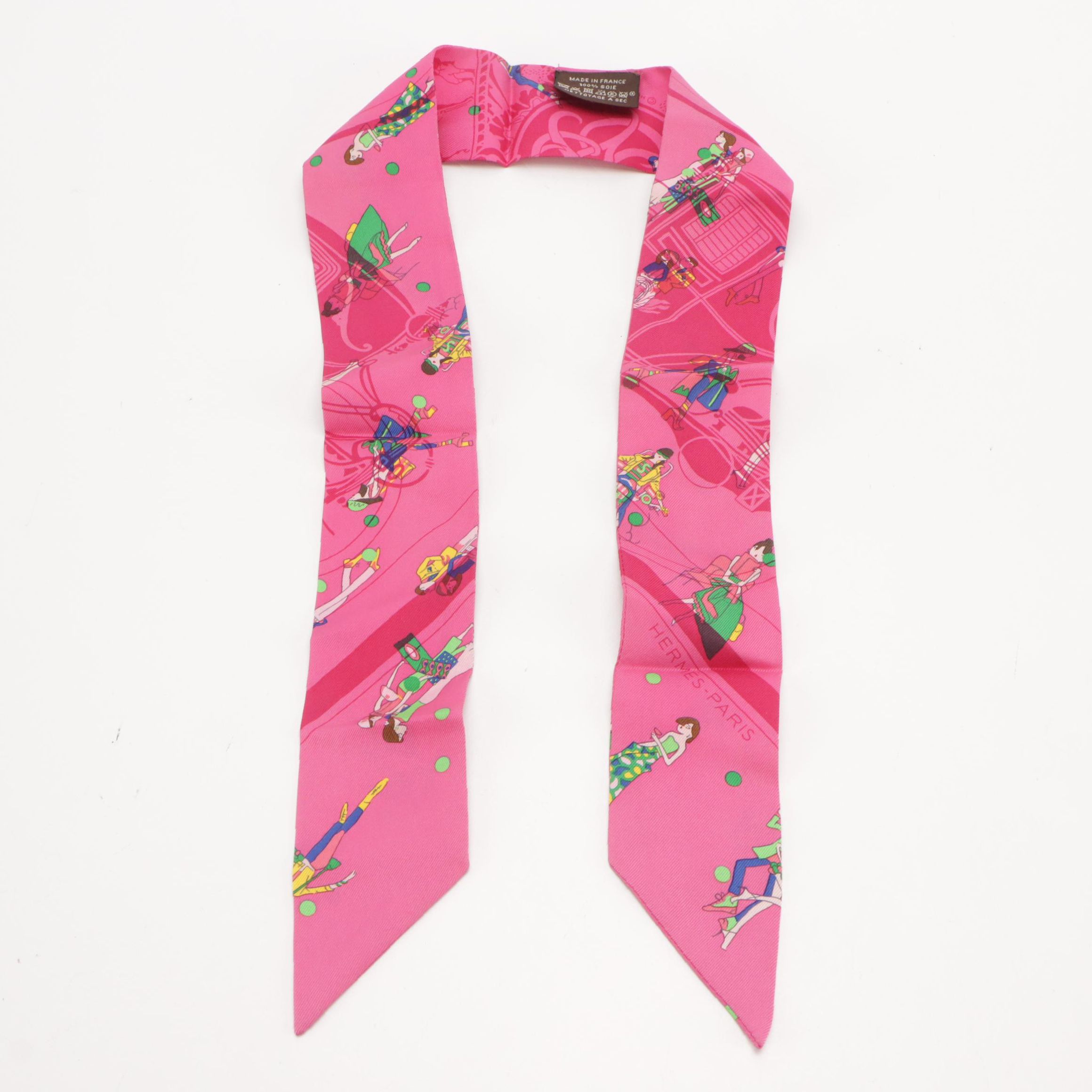 Hermès "Ex-Libris/Les Parisiennes" Hot Pink Silk Twilly Scarf