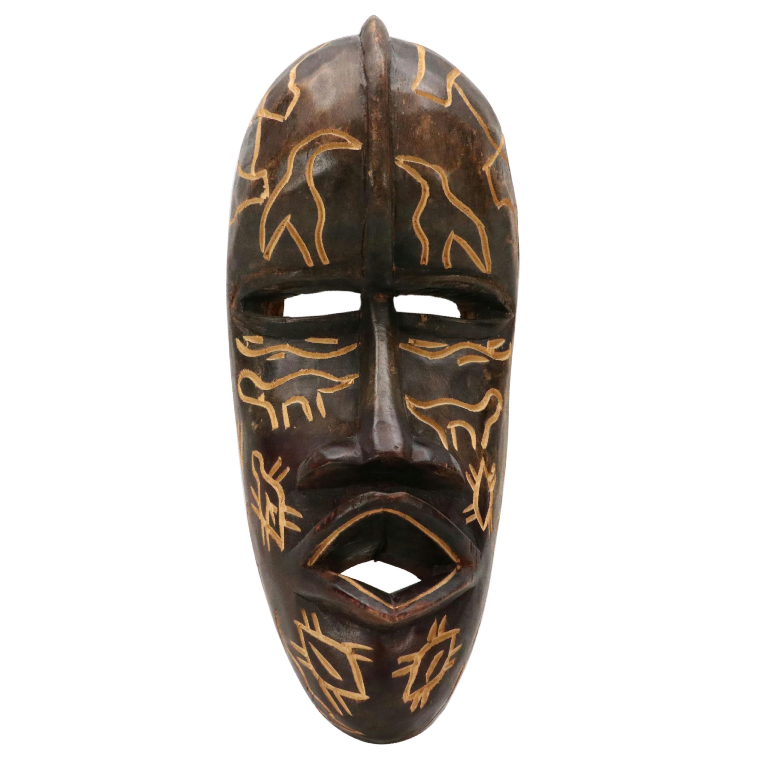 Ghanaian Hand-Carved Wooden Mask with Etched Design