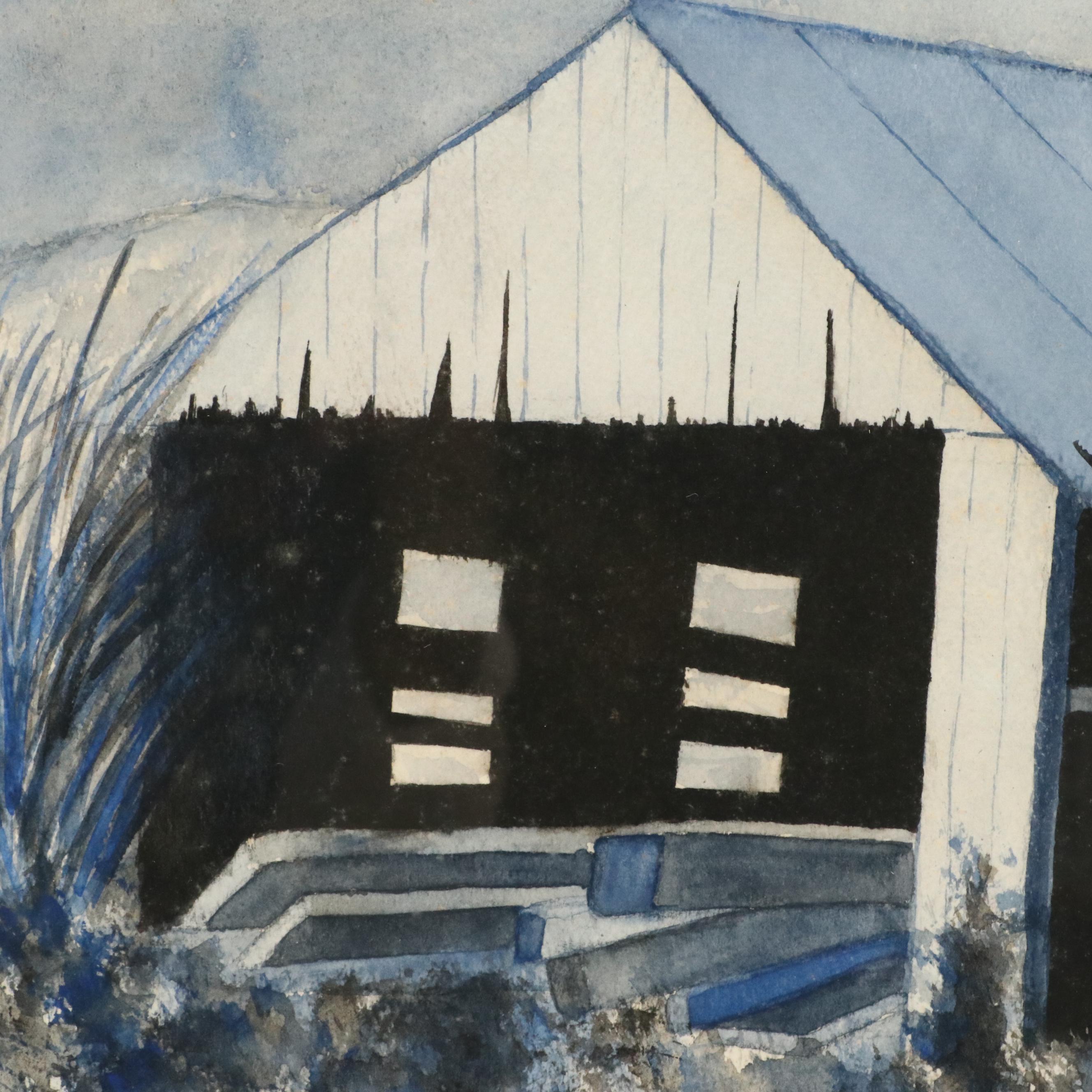 Hank Bissmeyer Blue Rural Watercolor Landscape Painting, Late 20th Century