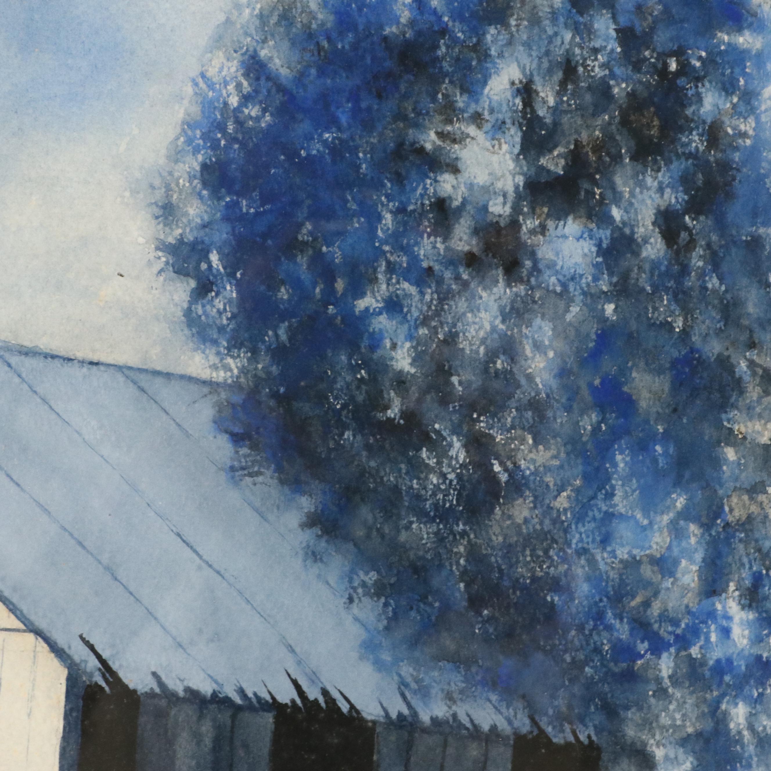 Hank Bissmeyer Blue Rural Watercolor Landscape Painting, Late 20th Century