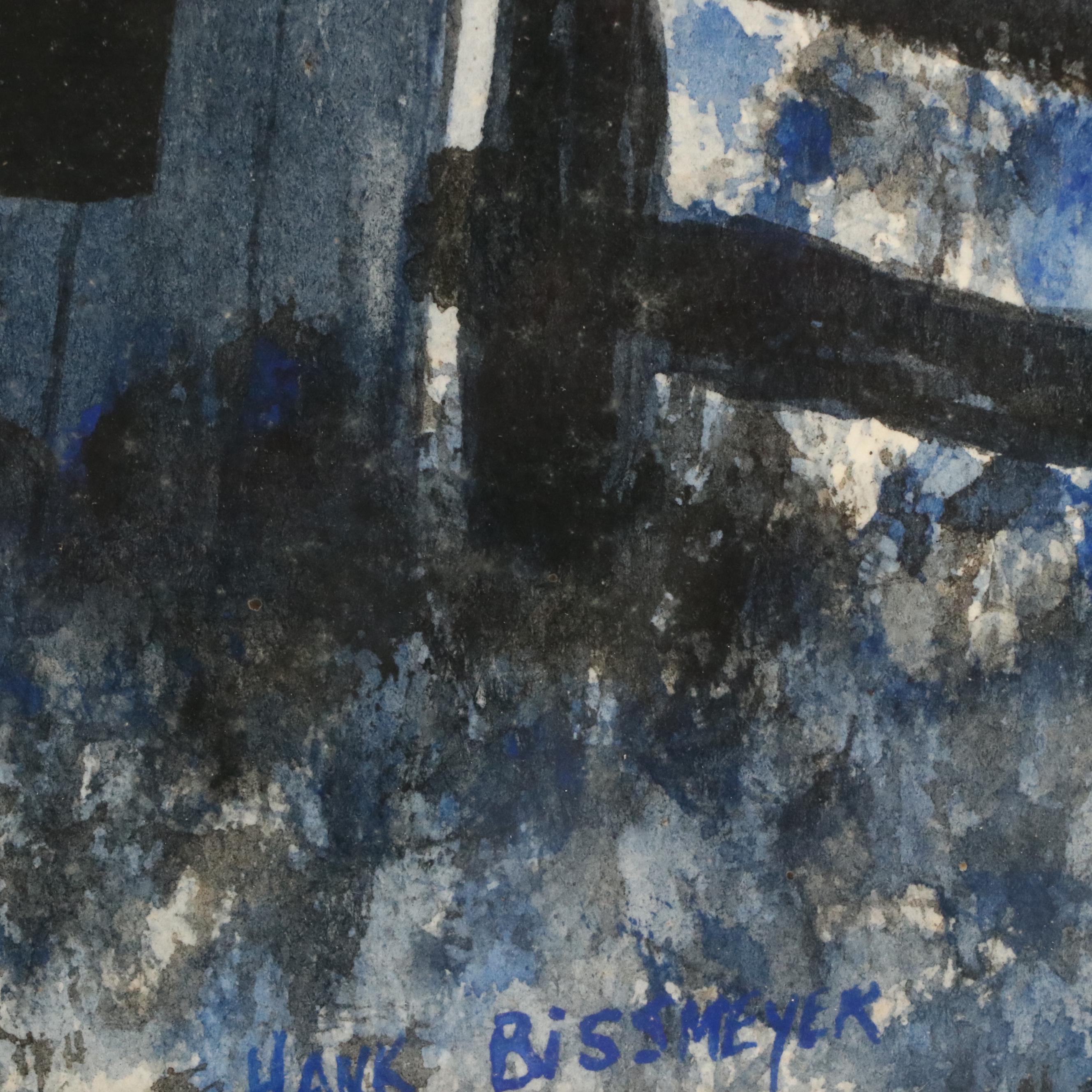 Hank Bissmeyer Blue Rural Watercolor Landscape Painting, Late 20th Century