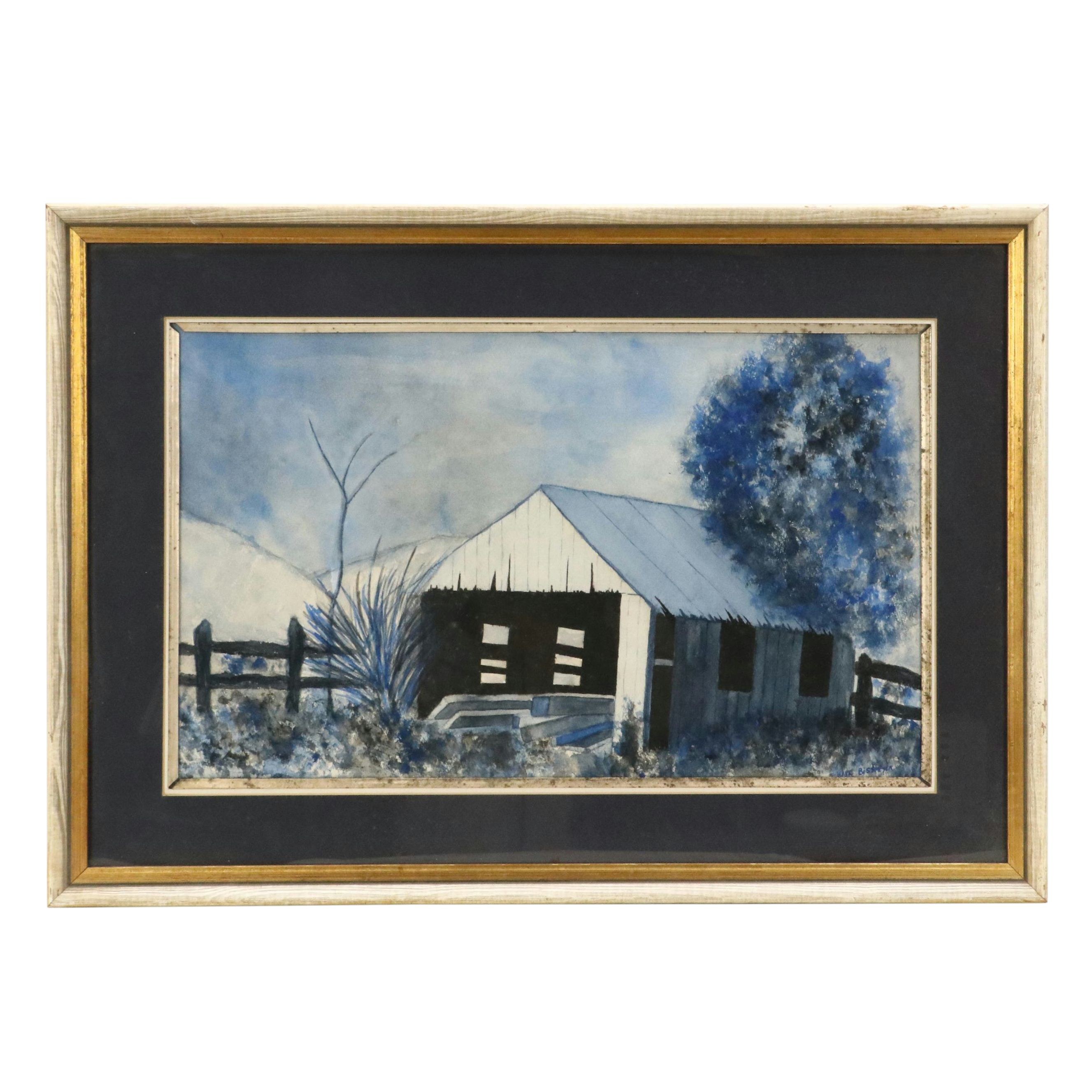 Hank Bissmeyer Blue Rural Watercolor Landscape Painting, Late 20th Century