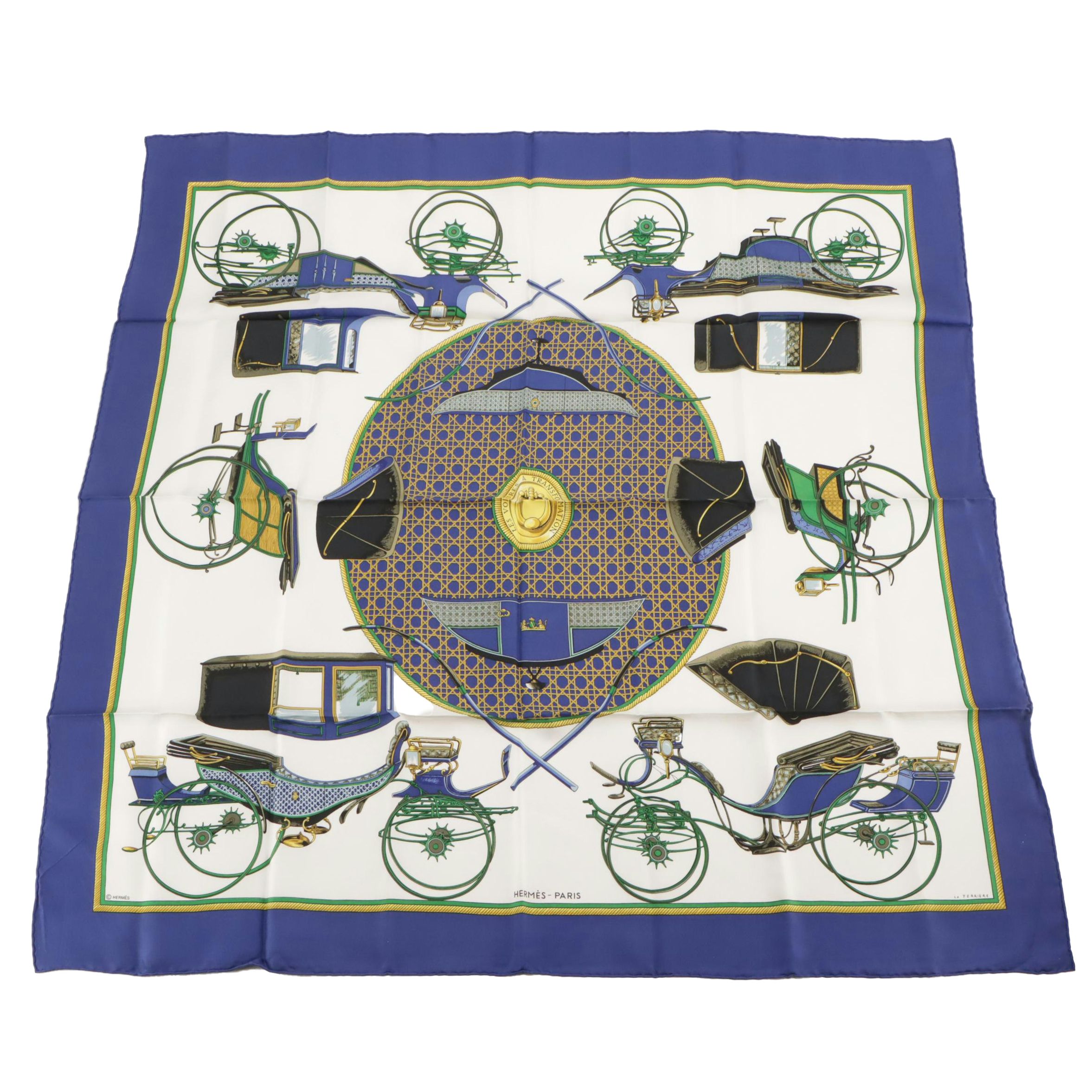 Hermès "Les Voitures a Transformation" Scarf 90 in Silk Twill