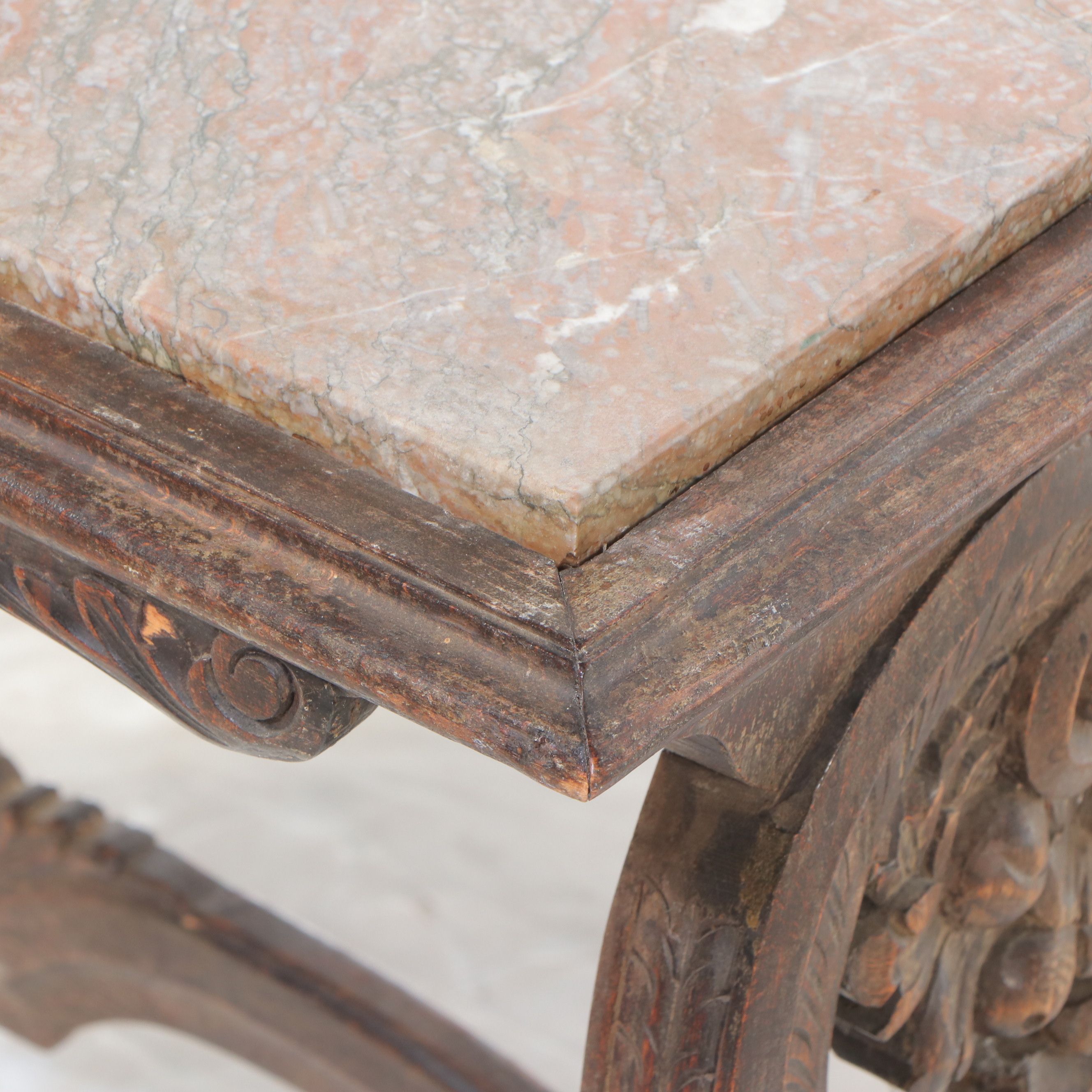 Renaissance Revival Carved Wood Coffee Table with Marble Top