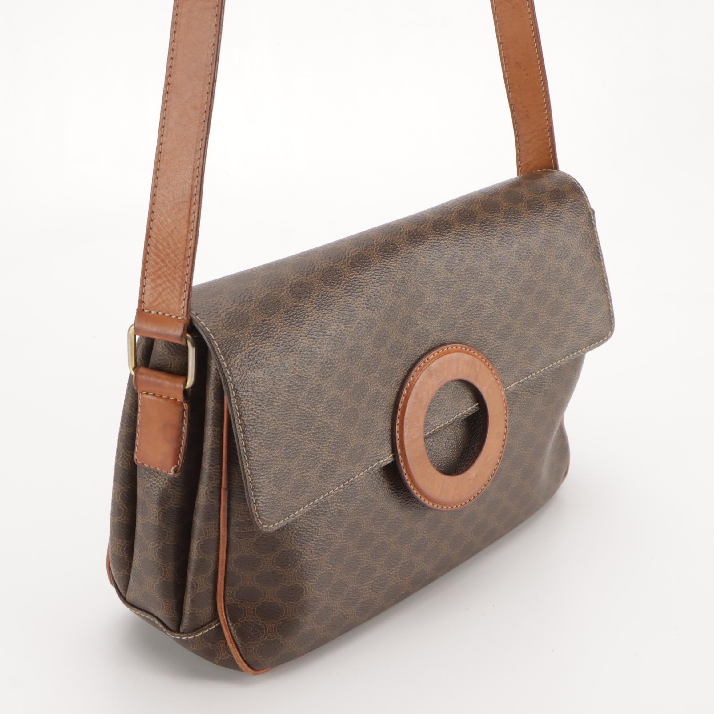 Celine Dark Brown Macadam Canvas and Leather Trimmed Crossbody Bag
