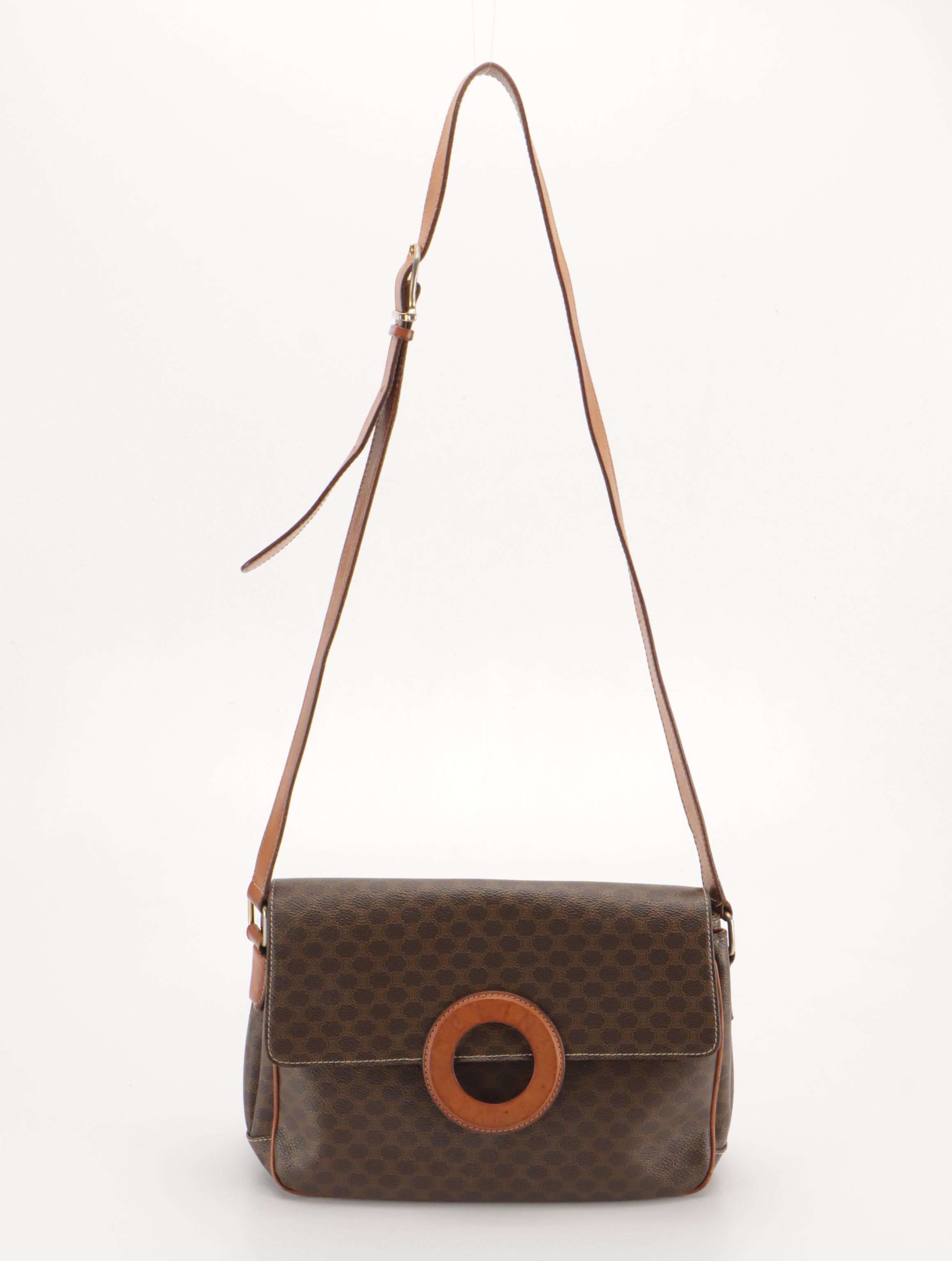 Celine Dark Brown Macadam Canvas and Leather Trimmed Crossbody Bag