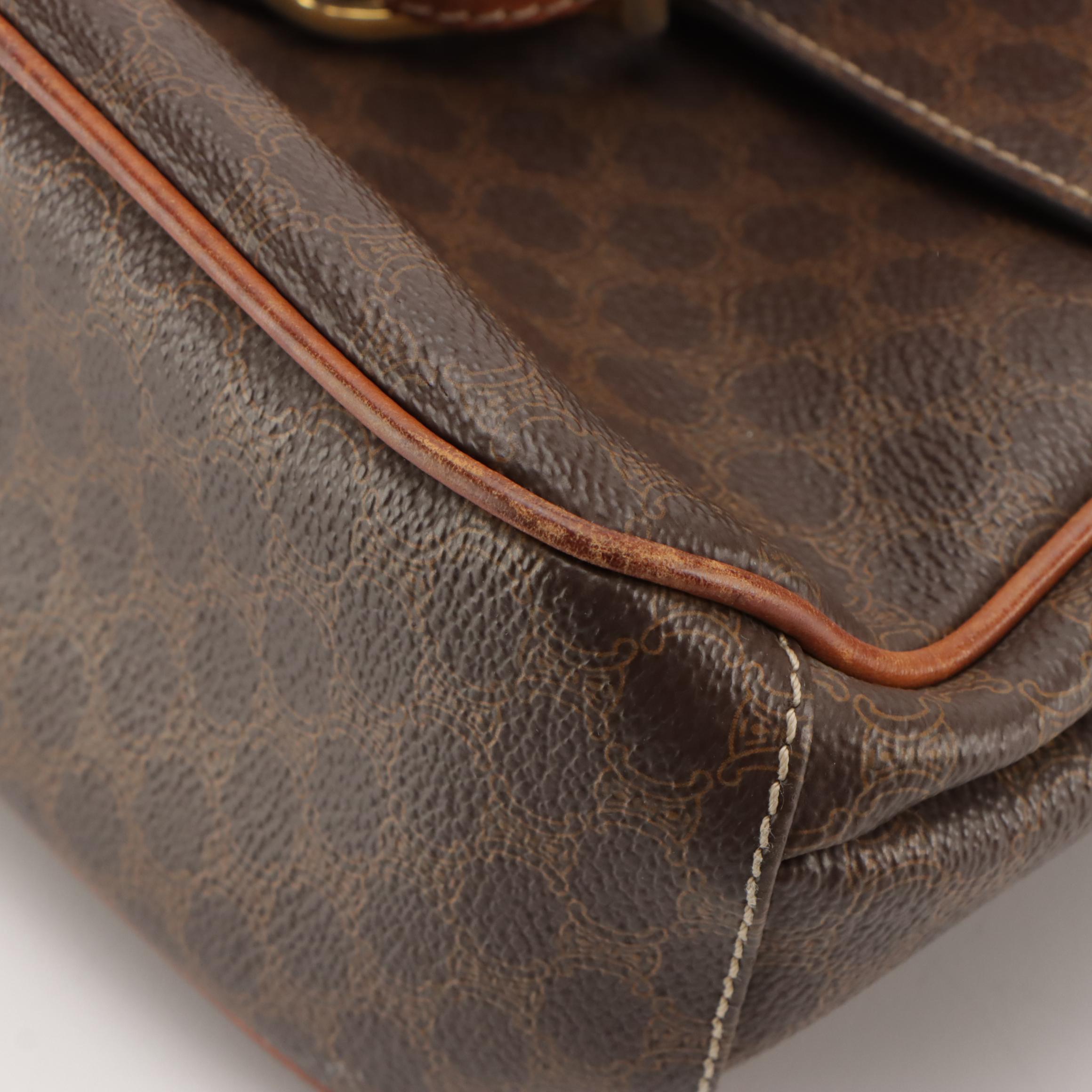 Celine Dark Brown Macadam Canvas and Leather Trimmed Crossbody Bag