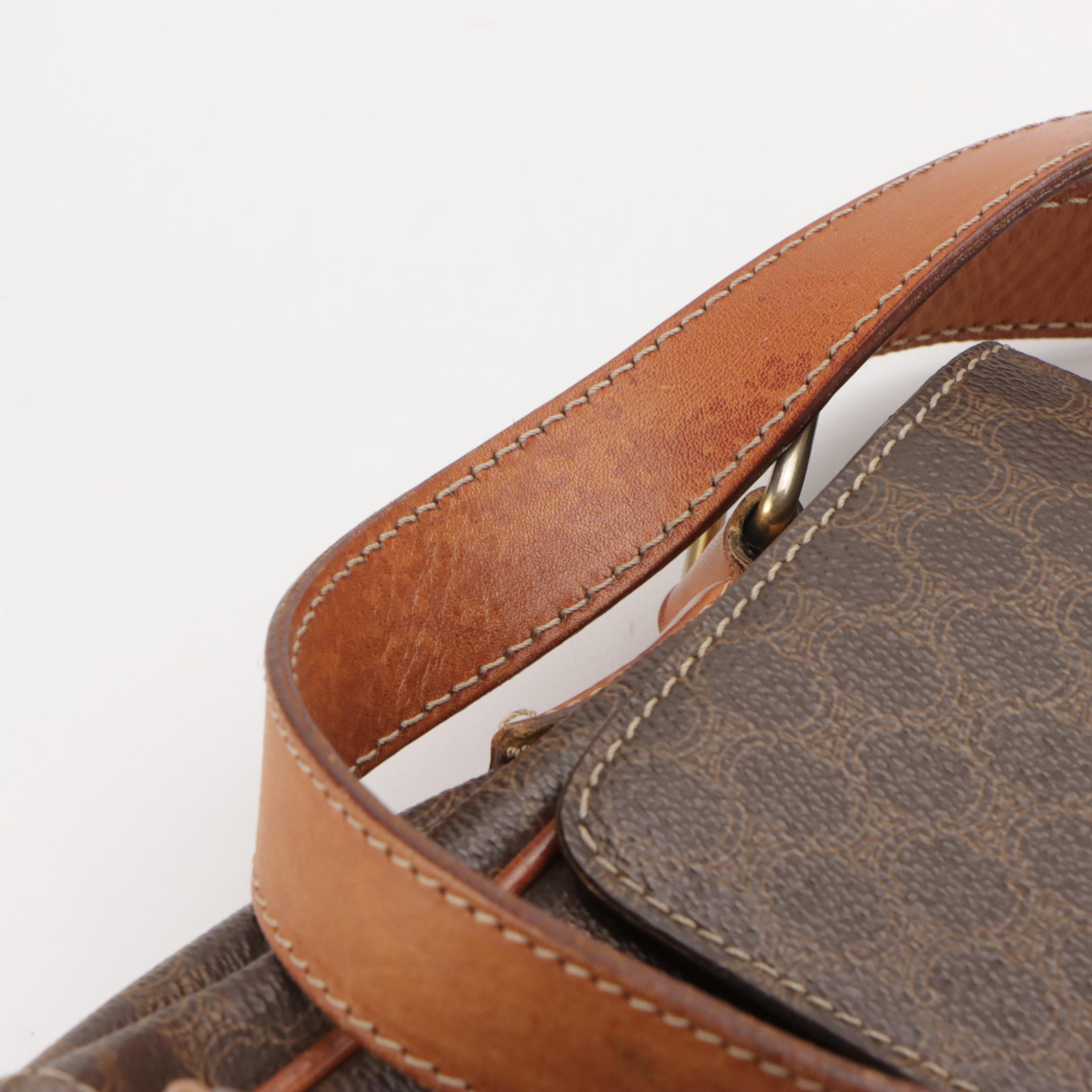 Celine Dark Brown Macadam Canvas and Leather Trimmed Crossbody Bag