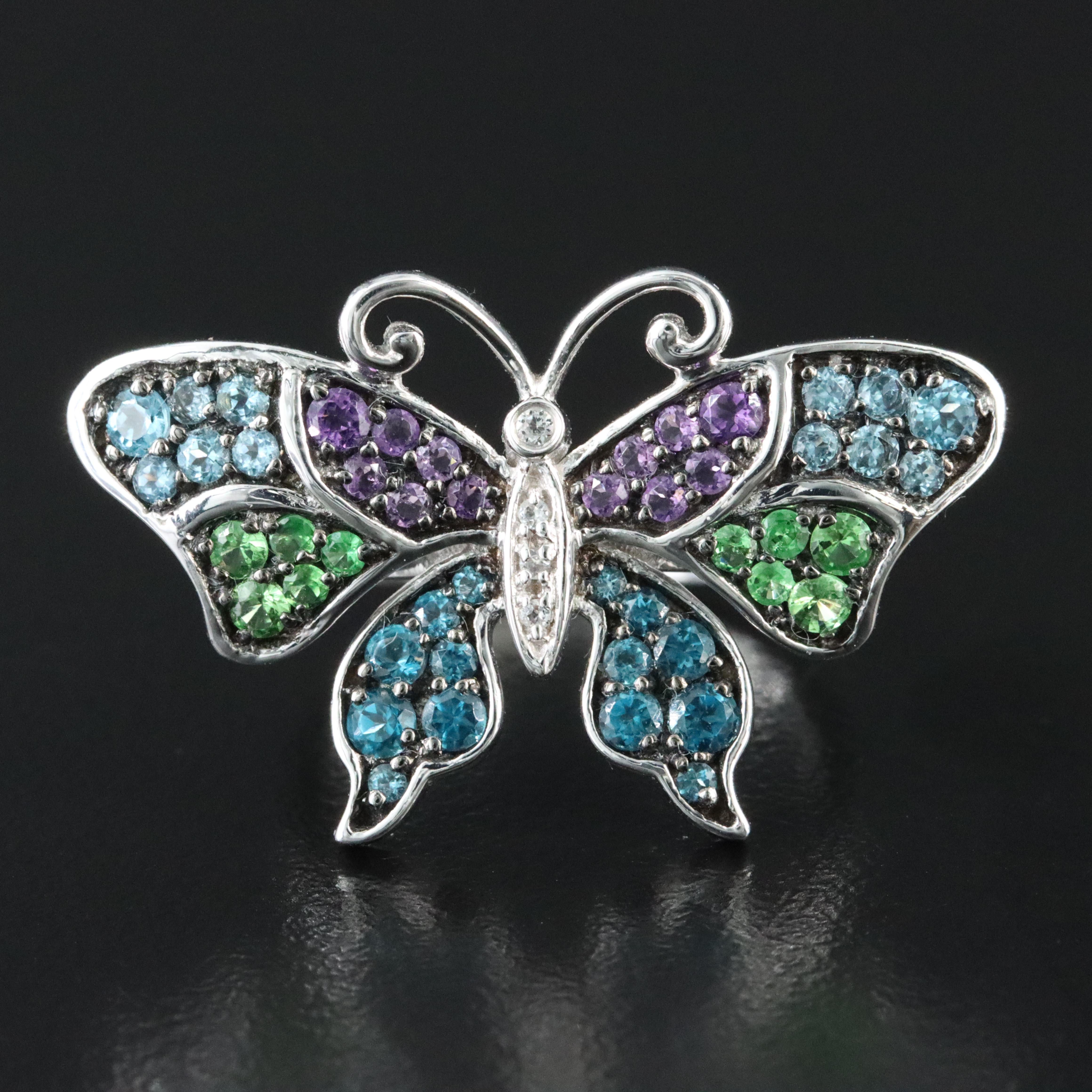14K  Amethyst, White Topaz, Blue Topaz and Tsavorite Butterfly Ring