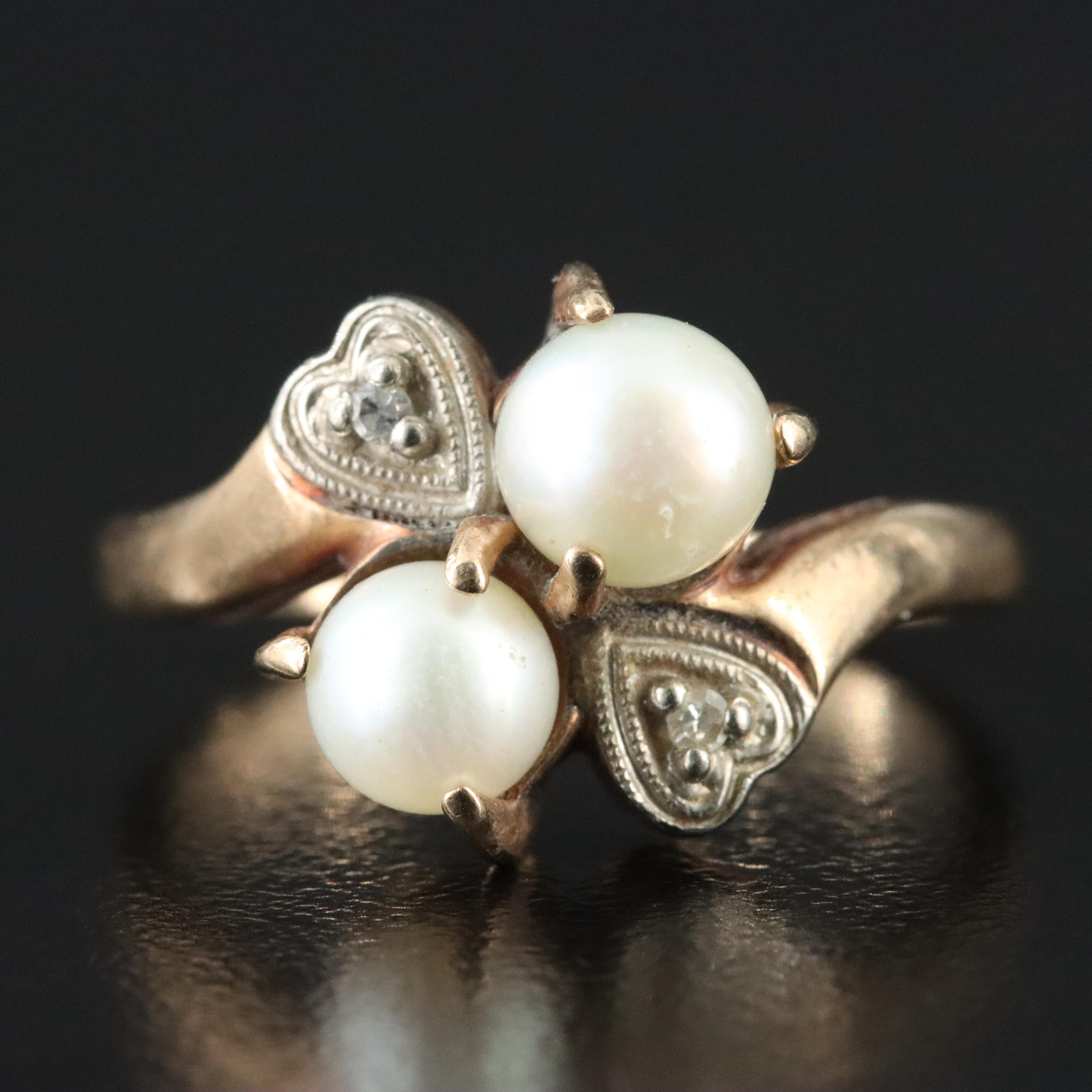 10K Pearl and Diamond Ring with Heart Details