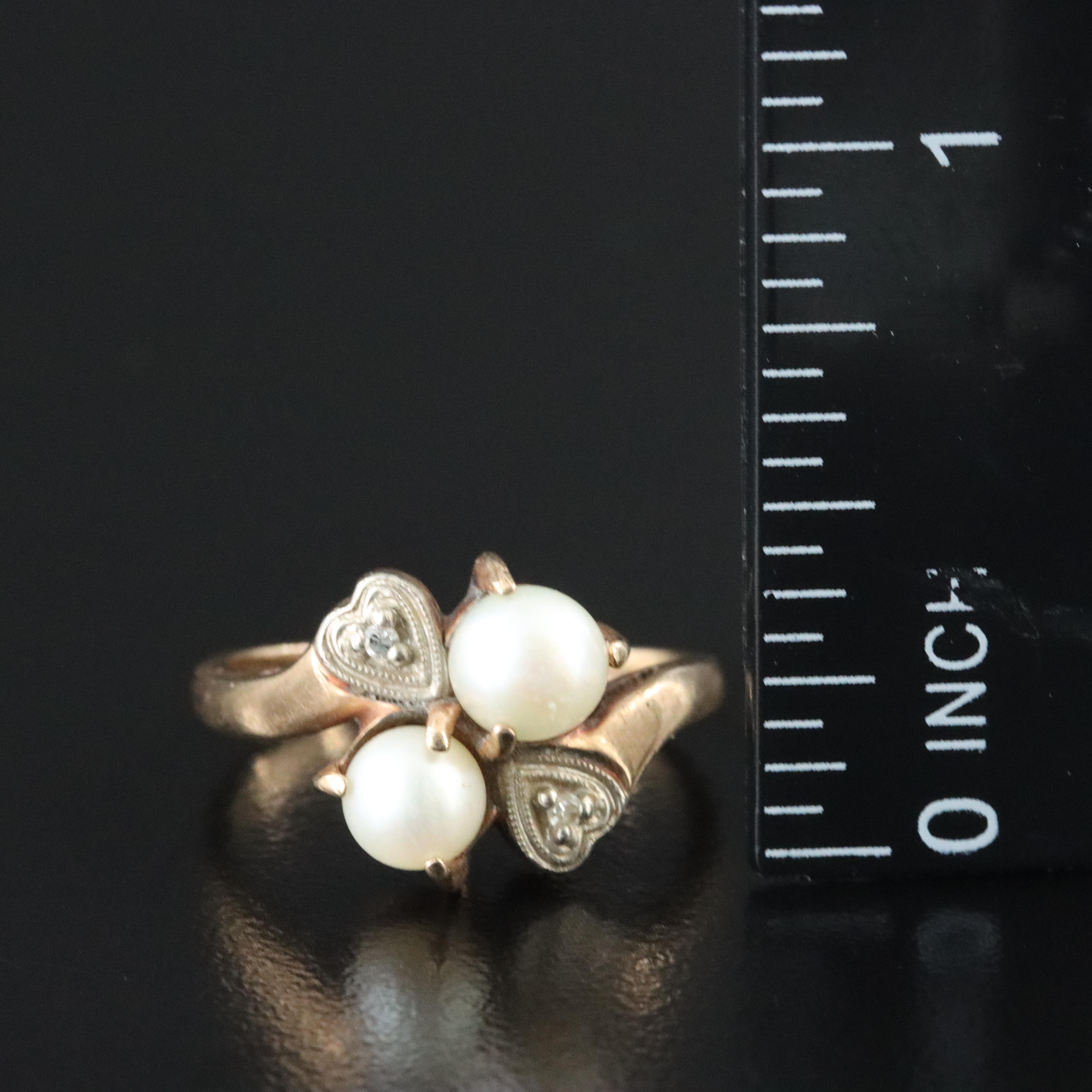 10K Pearl and Diamond Ring with Heart Details