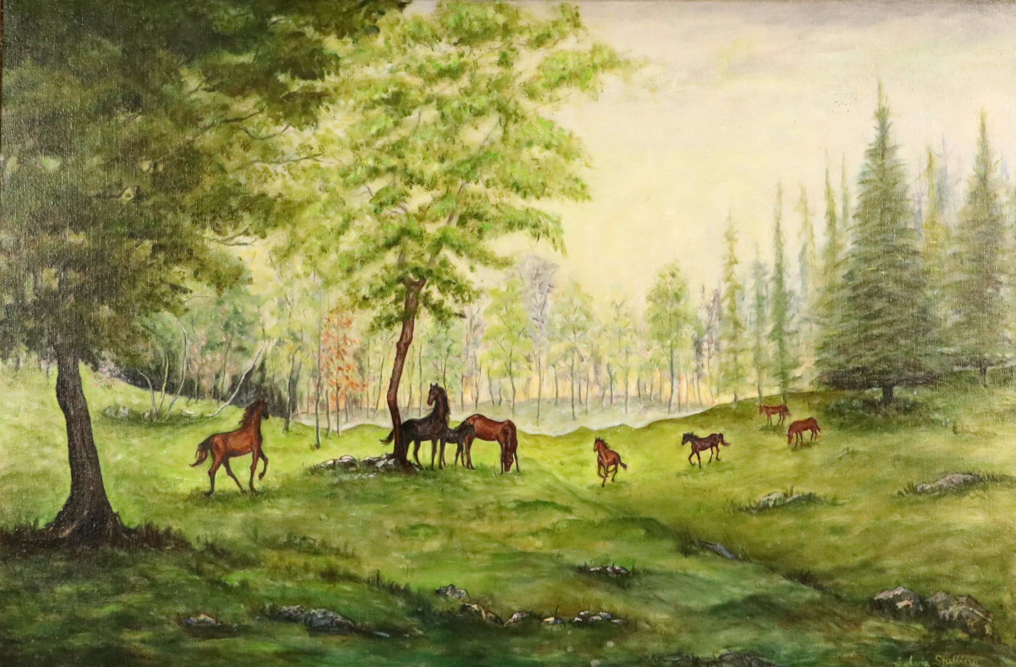 Sylvia Shelling Acrylic Landscape Painting with Horses, 1969