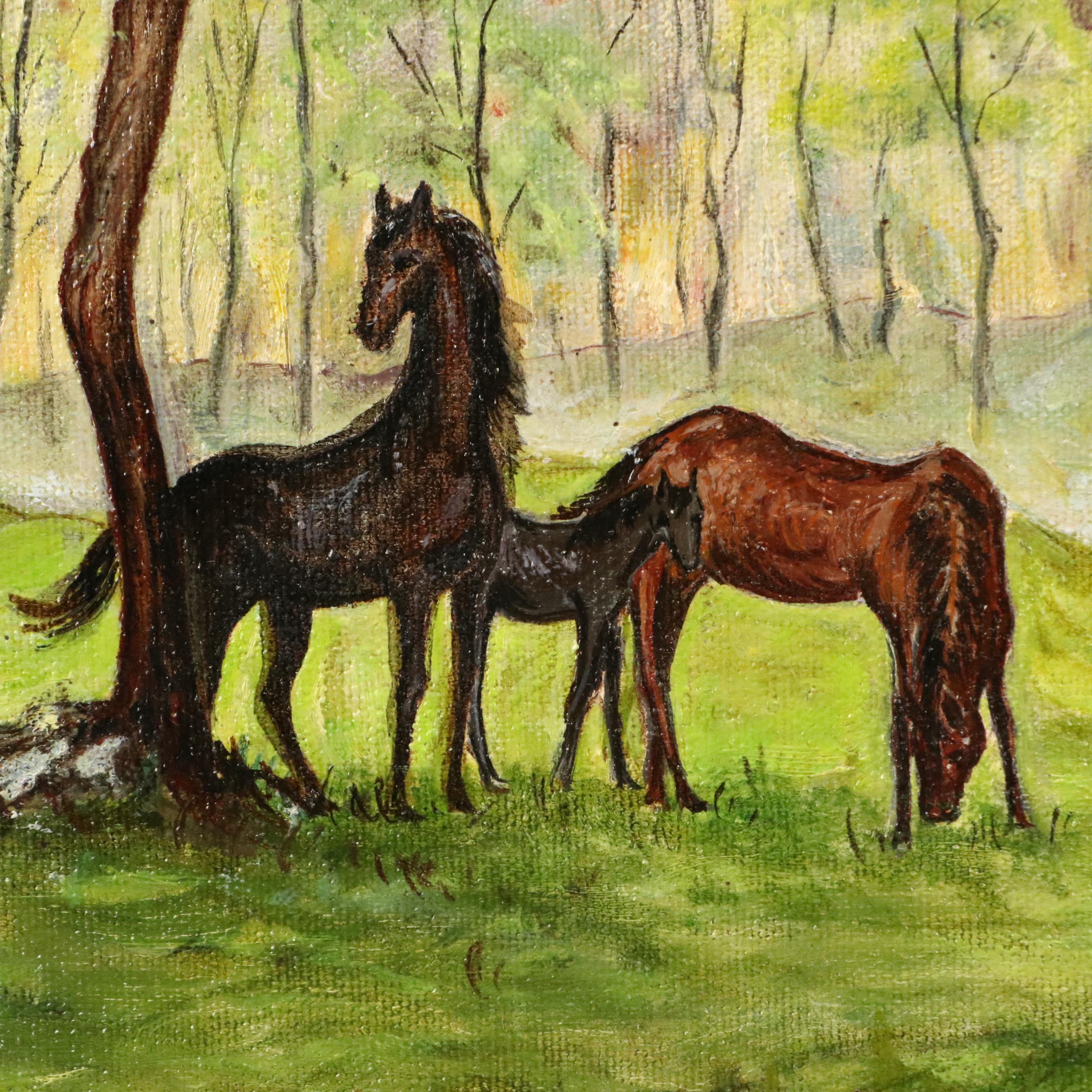 Sylvia Shelling Acrylic Landscape Painting with Horses, 1969